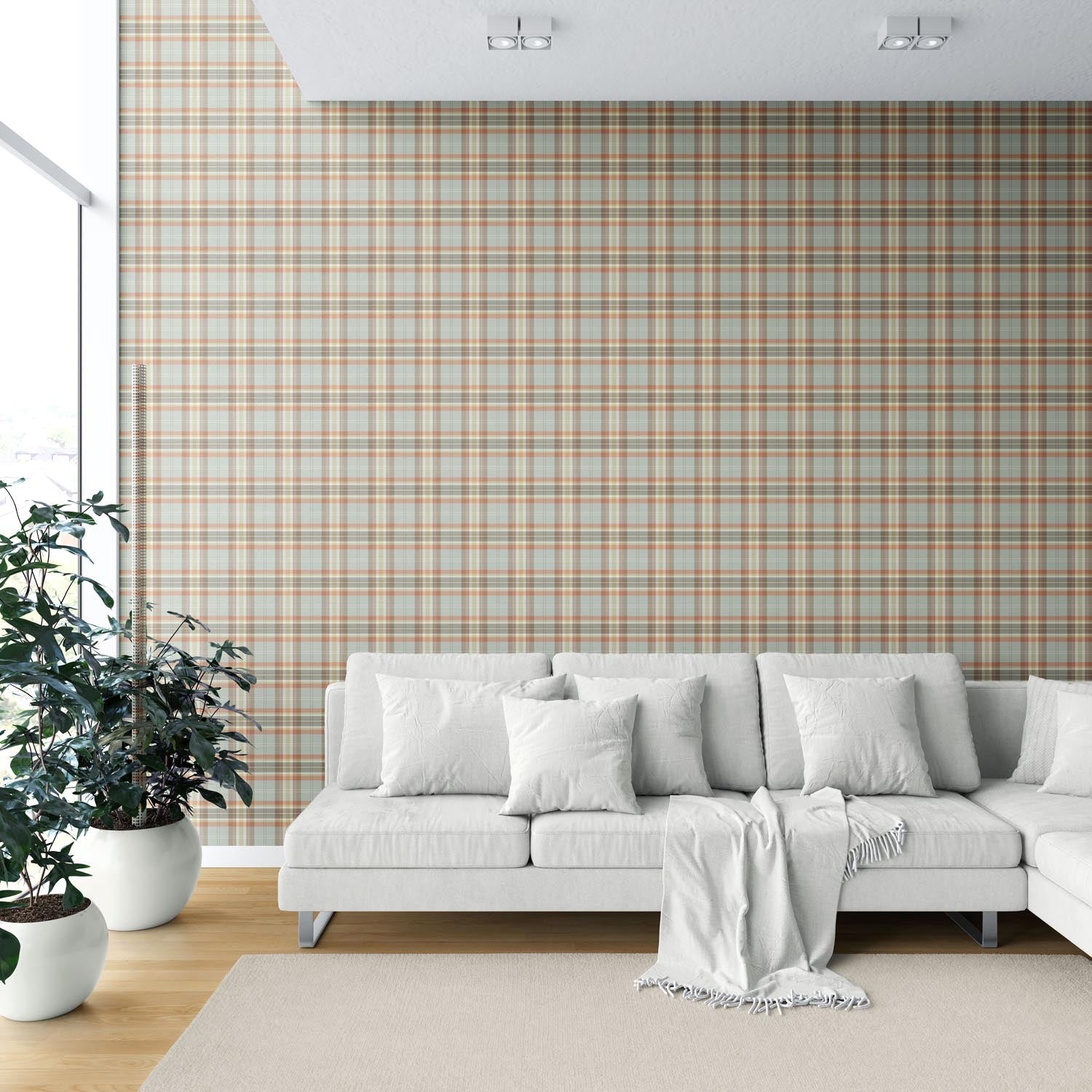 Geometric Plaid Checkered Shower Toilet Wallpaper (Orange/ Sage Gray/ Brown/ Cream)