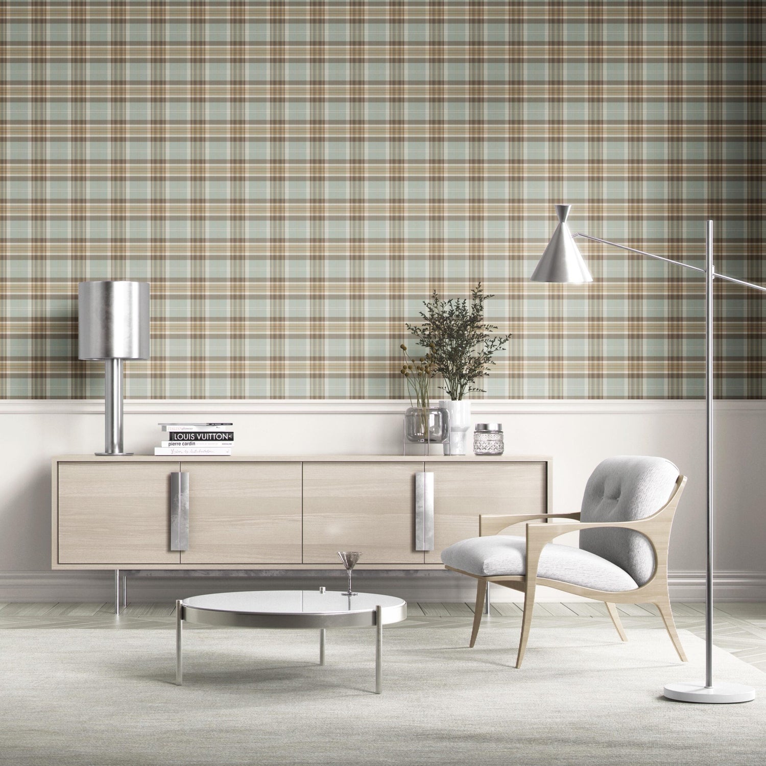 Geometric Plaid Checkered Kitchen Wallpaper (Gray-Green/ Brown/ Beige/ Cream)