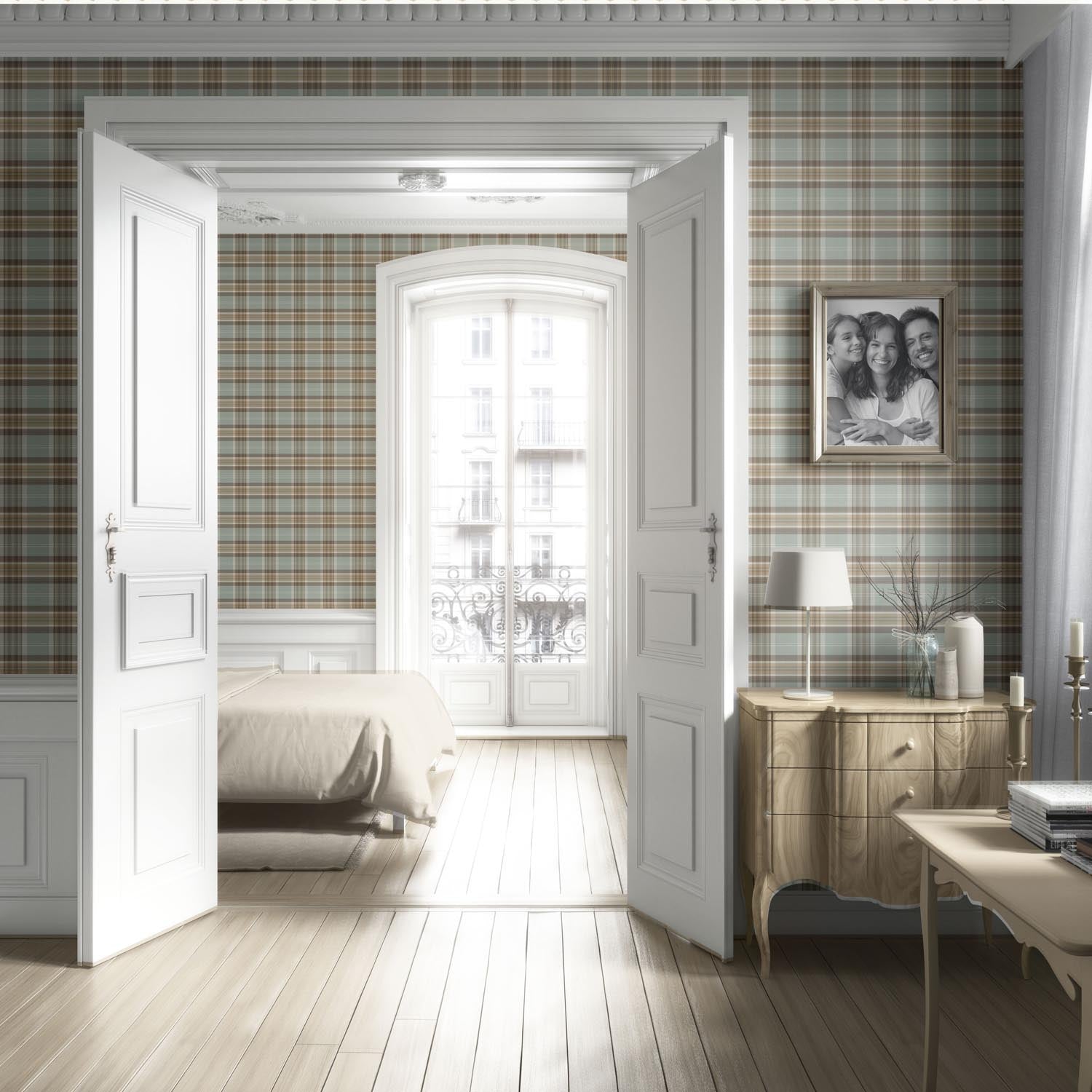 Geometric Plaid Checkered Living Room Wallpaper (Gray-Green/ Brown/ Beige/ Cream)