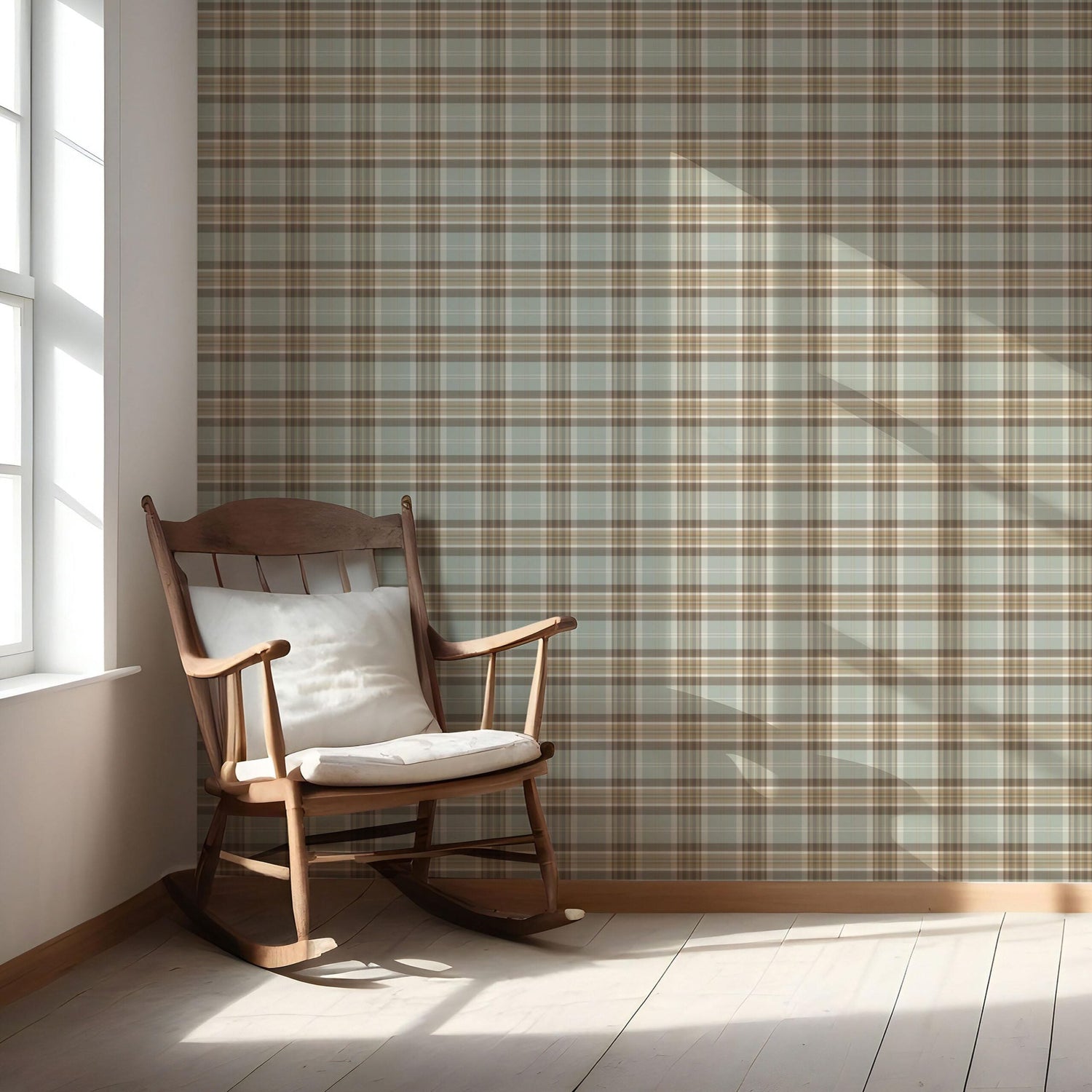 Geometric Plaid Checkered Nursery Wallpaper (Gray-Green/ Brown/ Beige/ Cream)