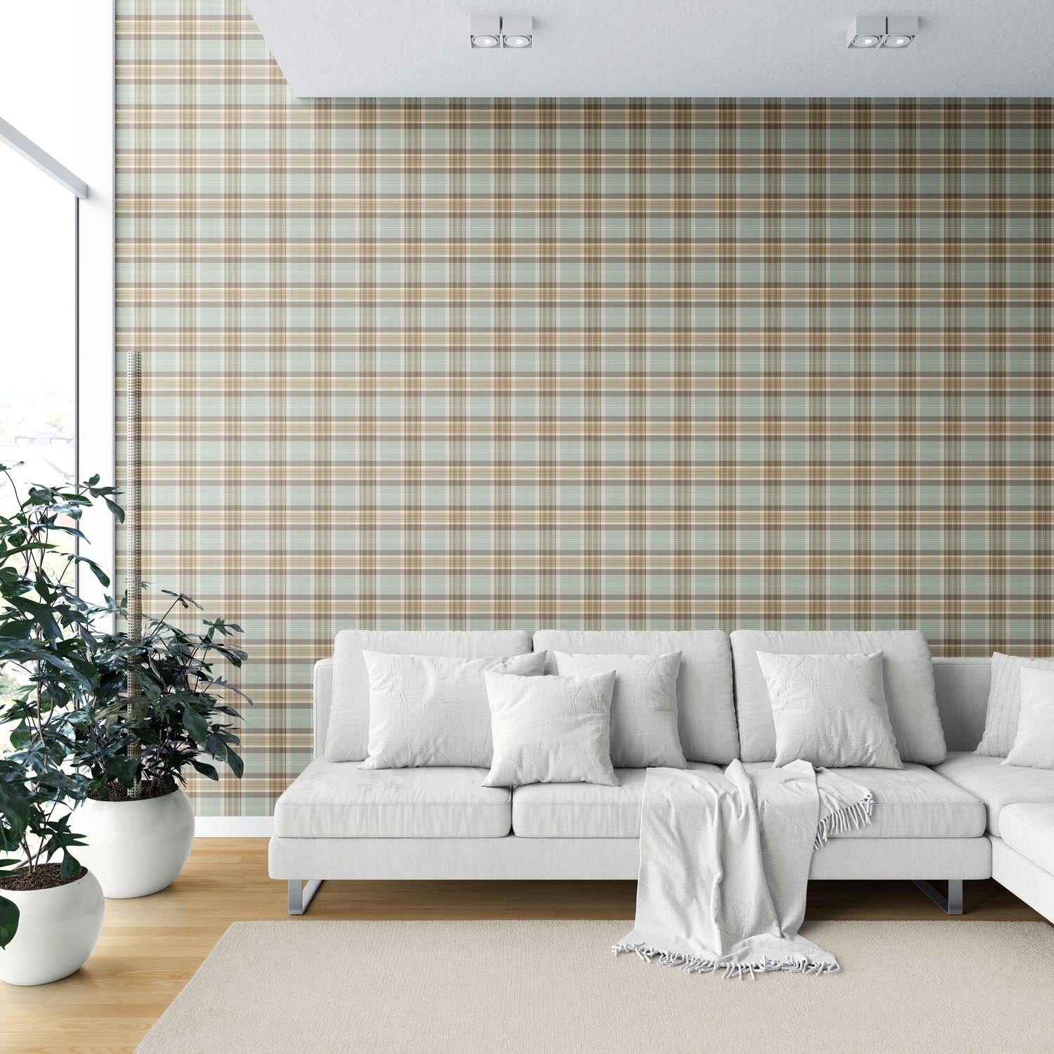 Geometric Plaid Checkered Shower Toilet Wallpaper (Gray-Green/ Brown/ Beige/ Cream)