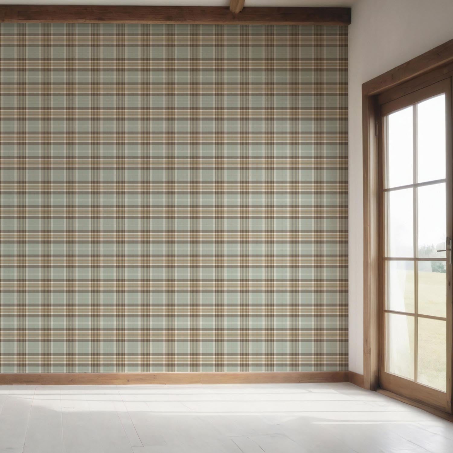 Geometric Plaid Checkered Bedroom Wallpaper (Gray-Green/ Brown/ Beige/ Cream)