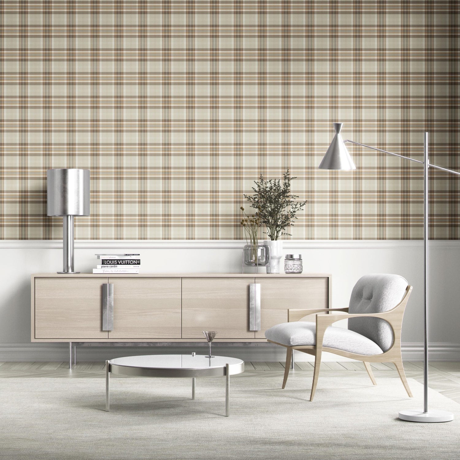 Neutral Geometric Plaid Checkered Kitchen Wallpaper (Greige/ Brown/ Cream/ Warm Gray)