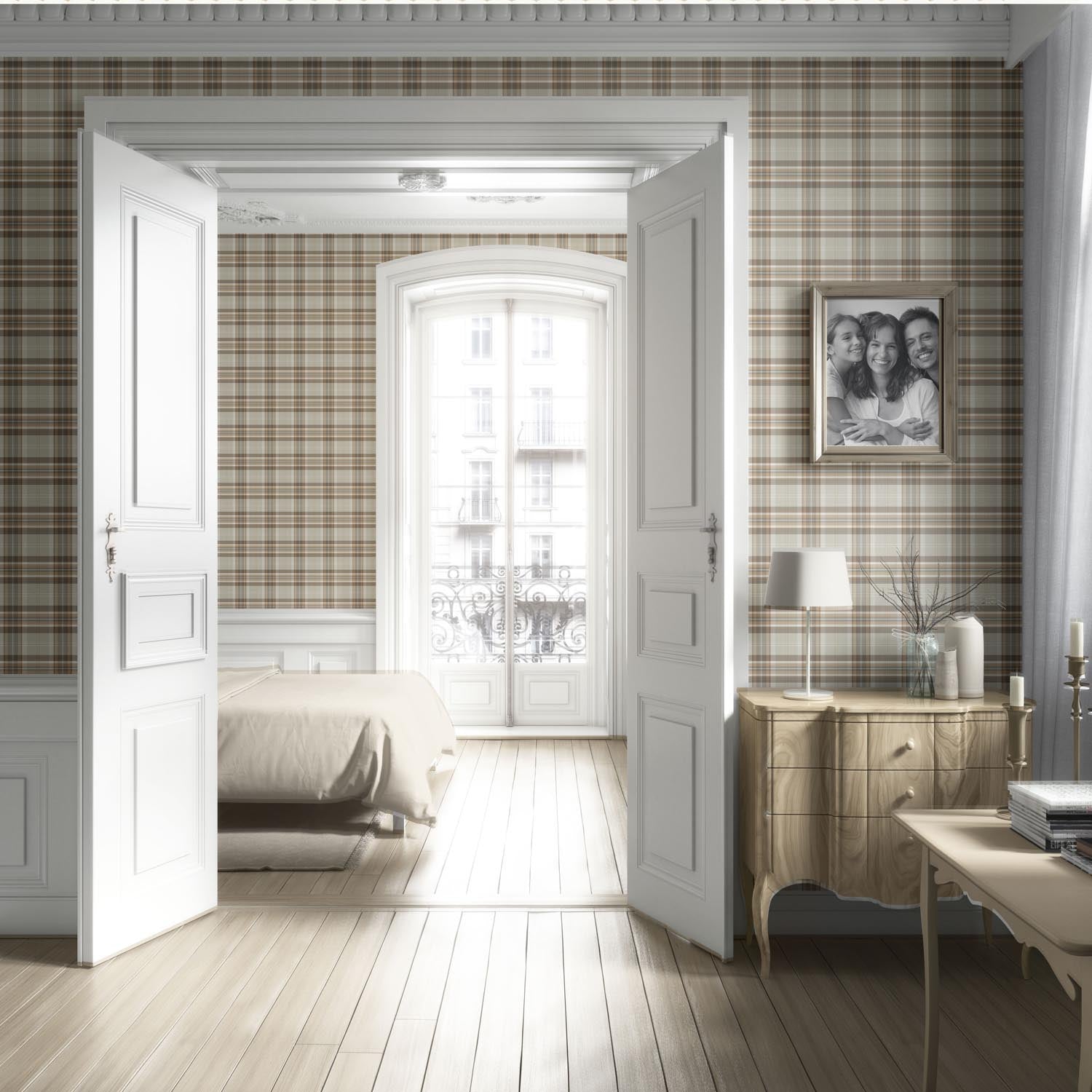 Neutral Geometric Plaid Checkered Living Room Wallpaper (Greige/ Brown/ Cream/ Warm Gray)