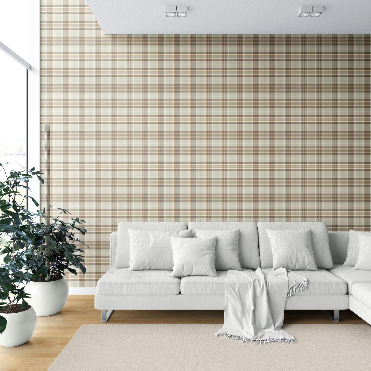 Neutral Geometric Plaid Checkered Shower Toilet Wallpaper (Greige/ Brown/ Cream/ Warm Gray)