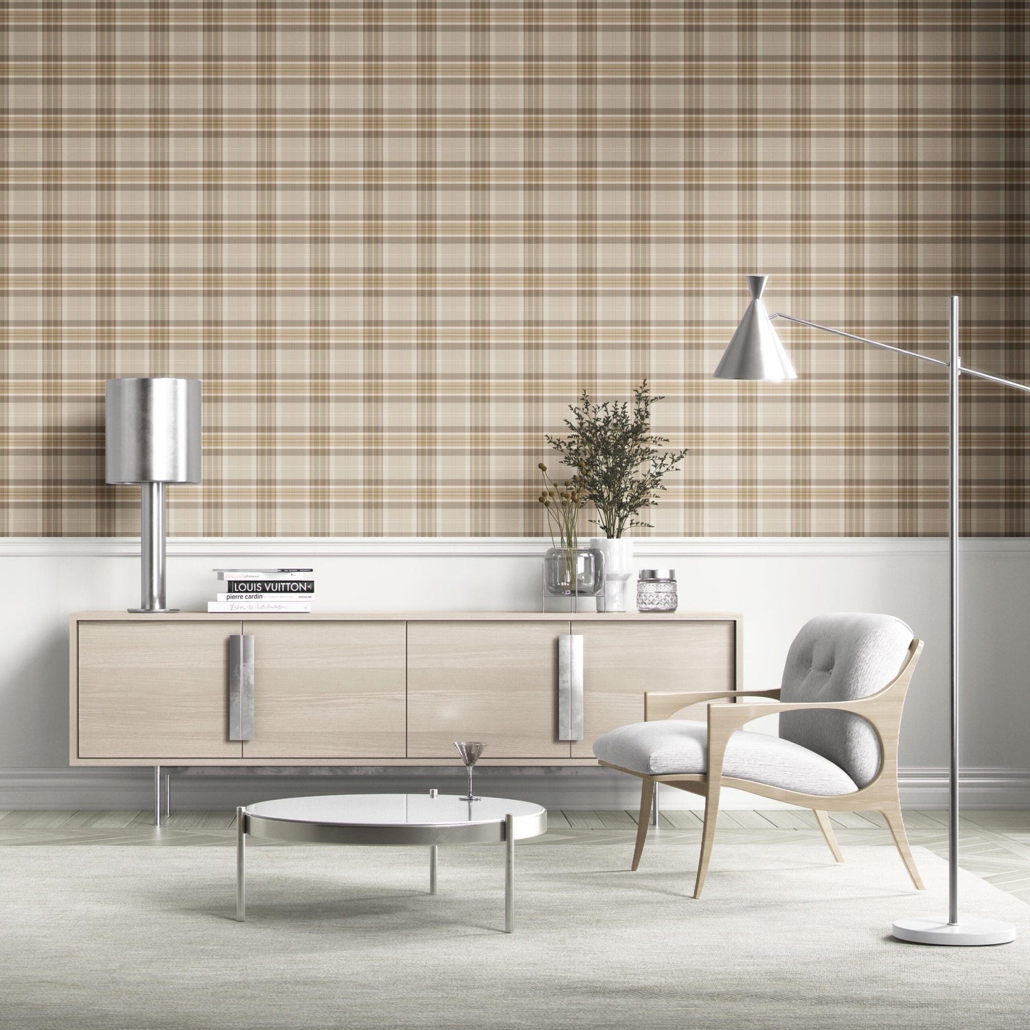 Neutral Geometric Plaid Checkered Kitchen Wallpaper (Warm Taupe/ Beige/ Brown/ Cream)