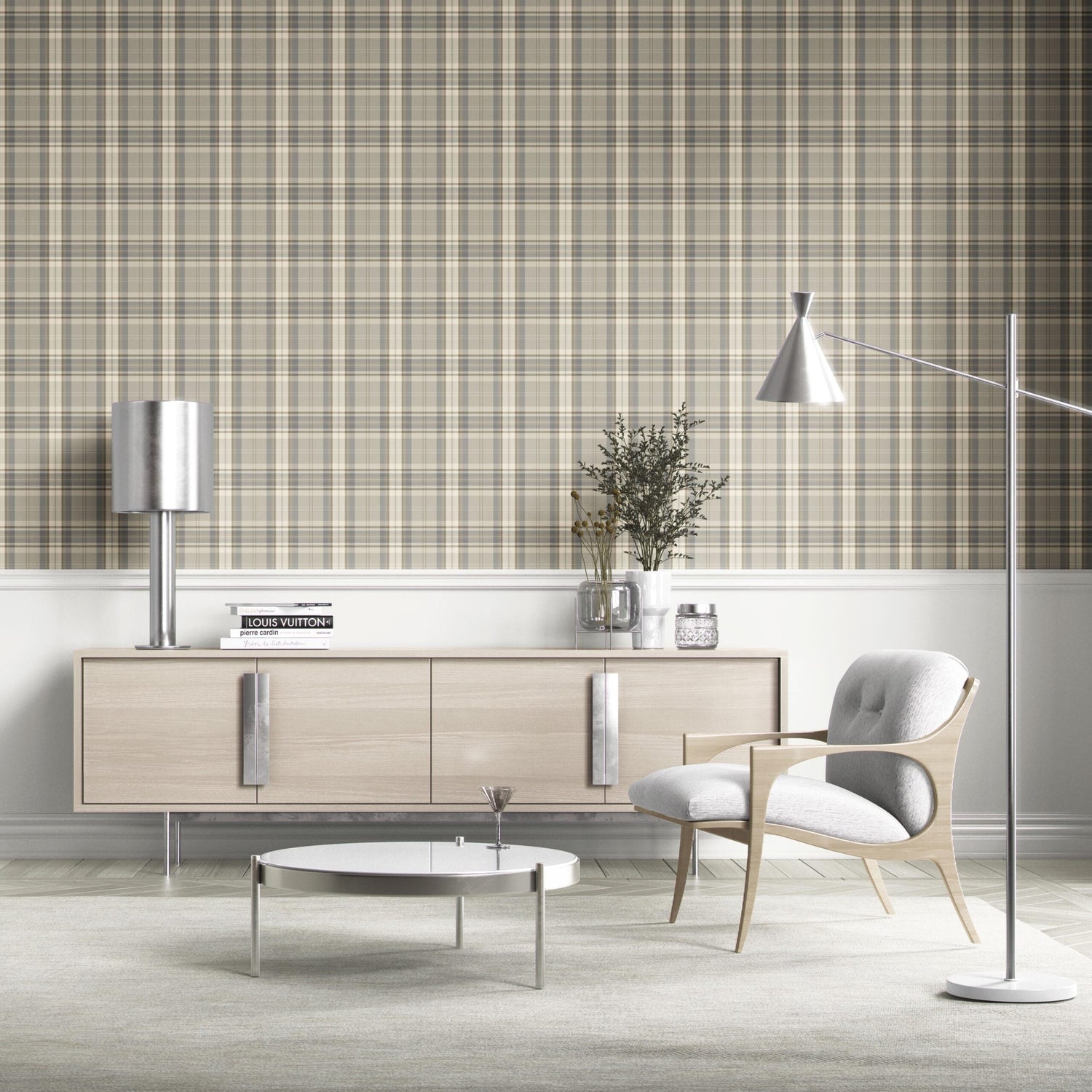 Neutral Geometric Plaid Checkered Kitchen Wallpaper (Gray/ Taupe/ Greige/ Brown)