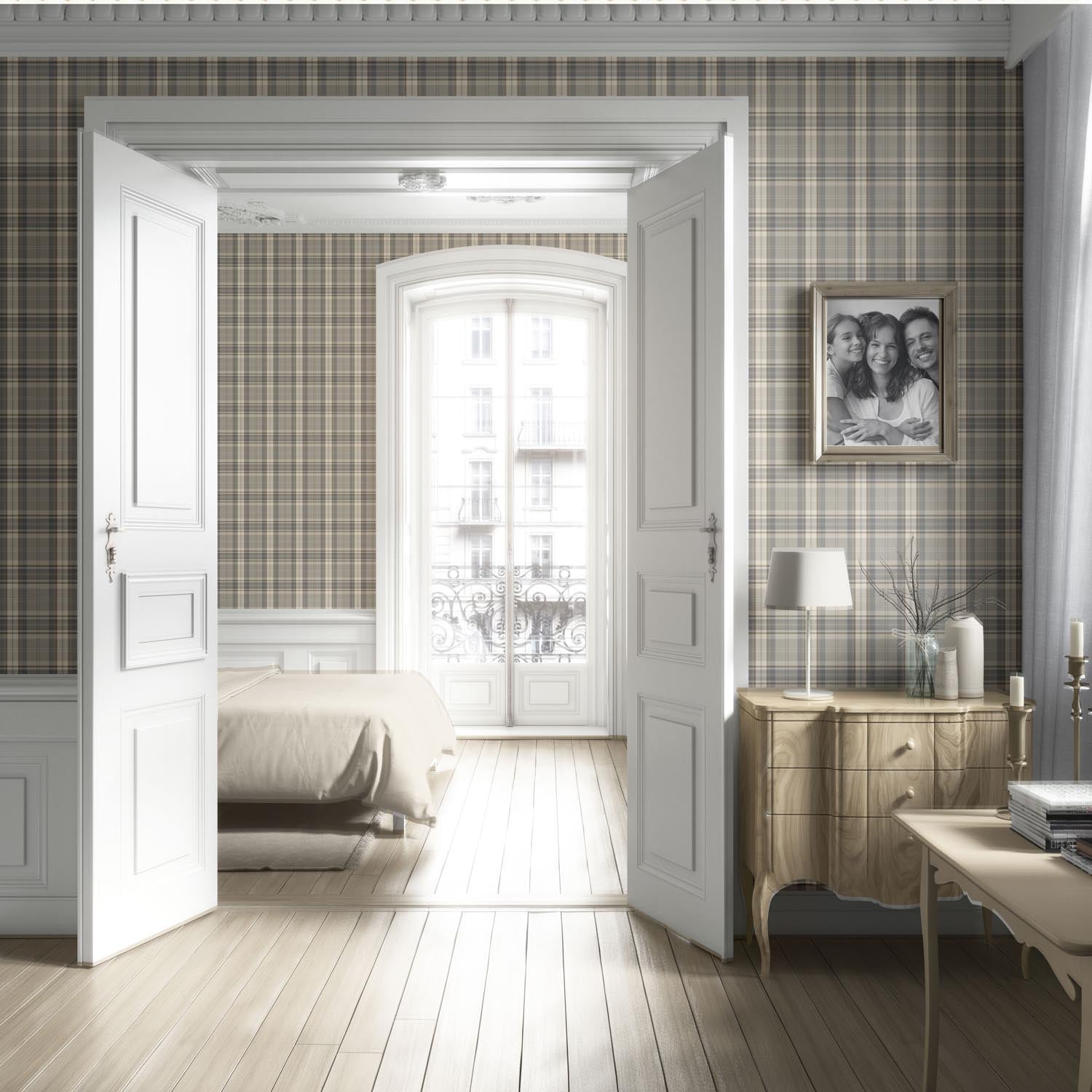 Neutral Geometric Plaid Checkered Living Room Wallpaper (Gray/ Taupe/ Greige/ Brown)