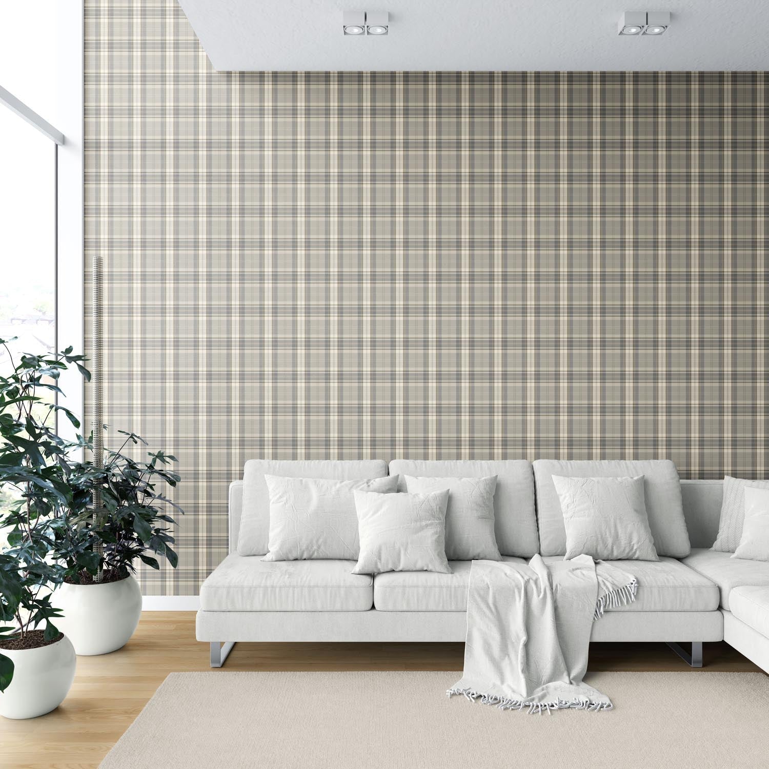 Neutral Geometric Plaid Checkered Shower Toilet Wallpaper (Gray/ Taupe/ Greige/ Brown)