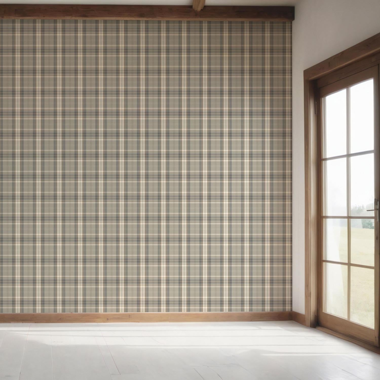 Neutral Geometric Plaid Checkered Bedroom Wallpaper (Gray/ Taupe/ Greige/ Brown)