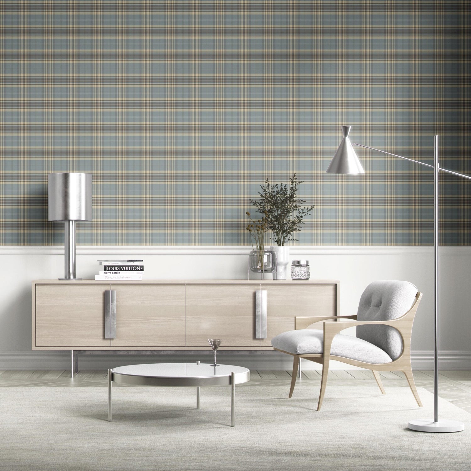 Geometric Plaid Checkered Kitchen Wallpaper (Gray/ Blue/ Beige/ Brown)