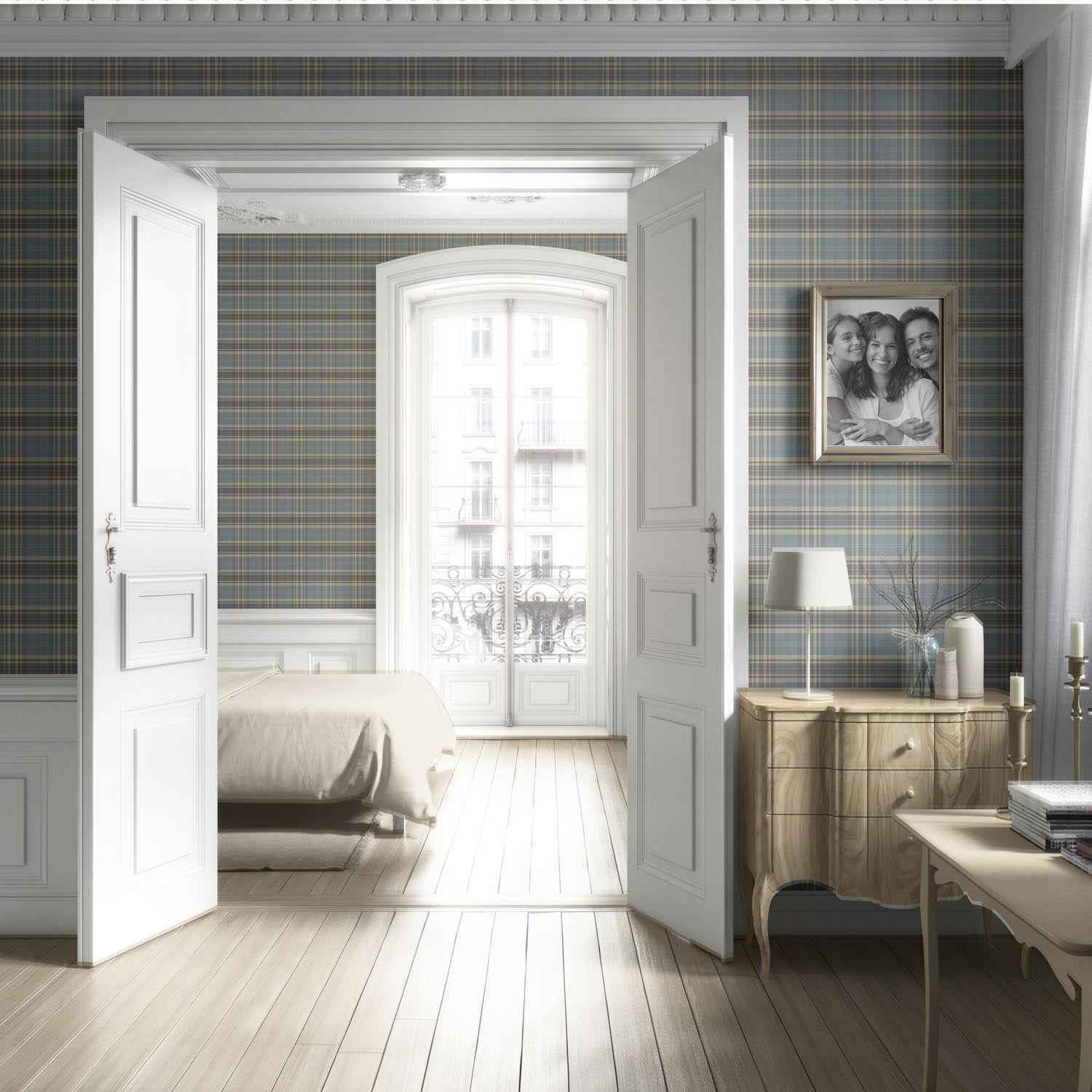 Geometric Plaid Checkered Living Room Wallpaper (Gray/ Blue/ Beige/ Brown)