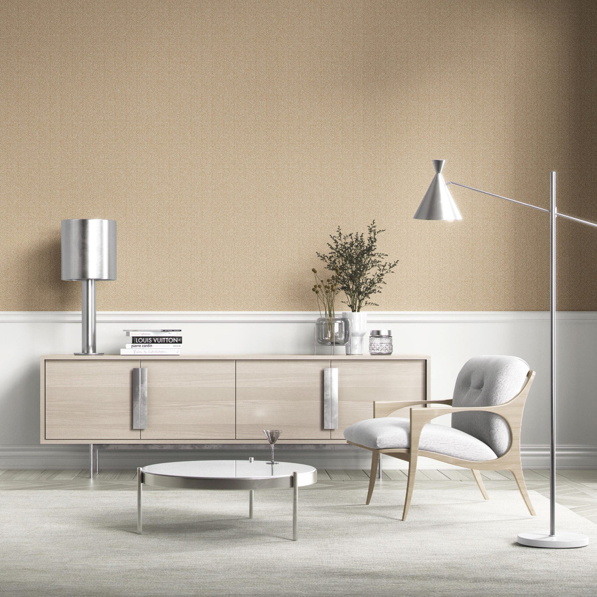 Neutral Herringbone Textured Kitchen Wallpaper (Gold Beige/ Khaki)