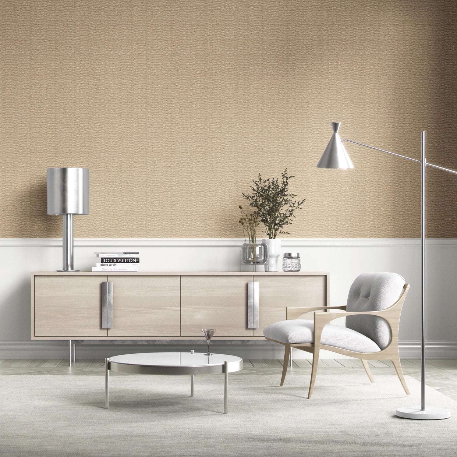 Neutral Herringbone Textured Kitchen Wallpaper (Gold Beige/ Khaki)