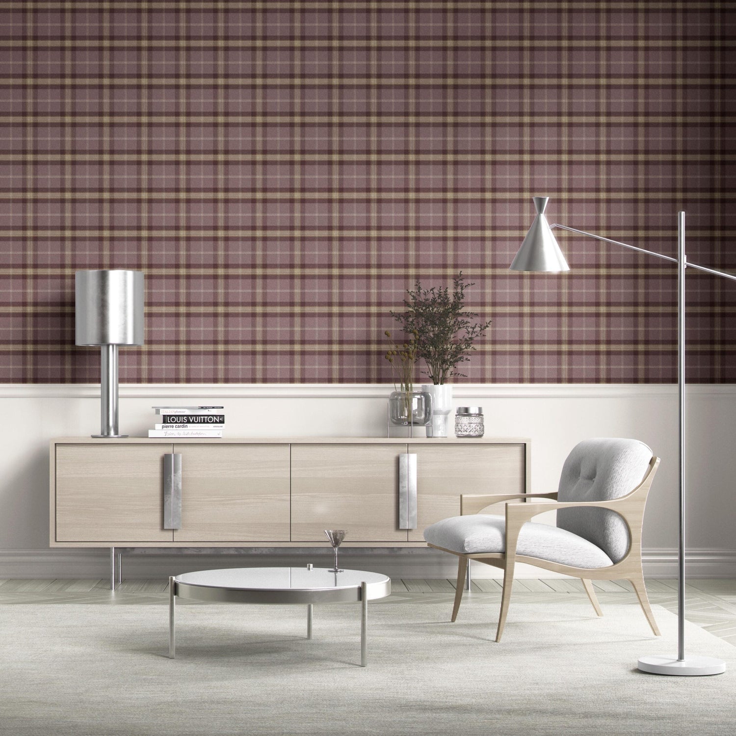 Geometric Plaid Checkered Kitchen Wallpaper (Purple/ Mauve/ Pink/ Cream)