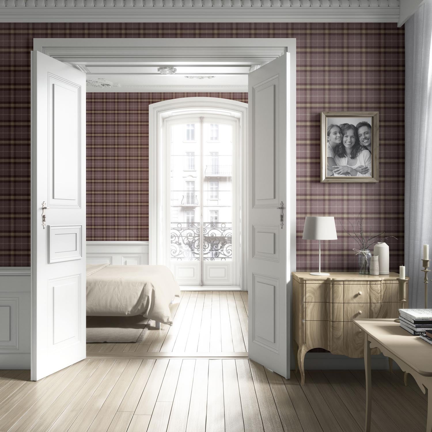 Geometric Plaid Checkered Living Room Wallpaper (Purple/ Mauve/ Pink/ Cream)
