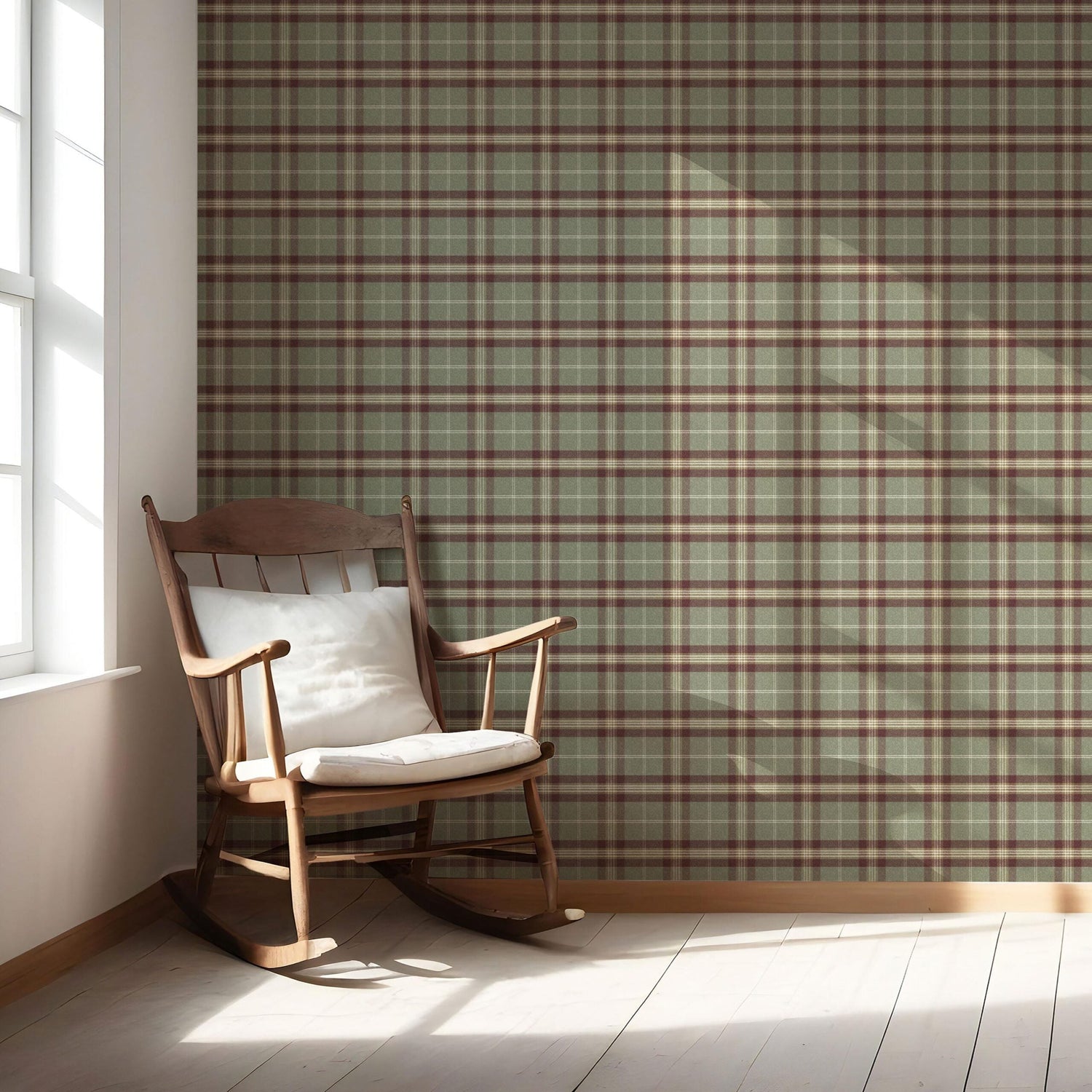 Geometric Plaid Checkered Nursery Wallpaper (Olive Green/ Red/ Beige)
