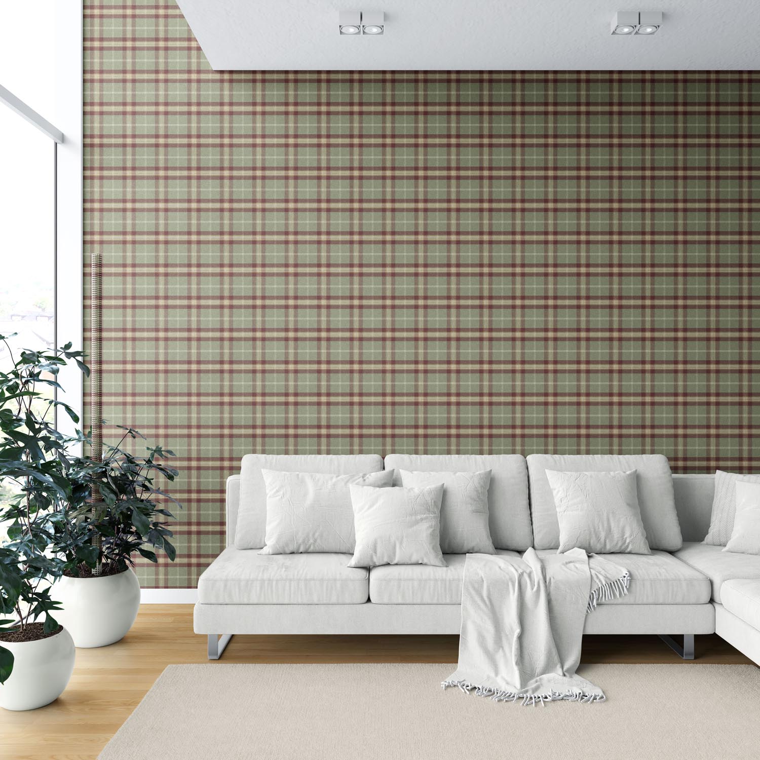 Geometric Plaid Checkered Shower Toilet Wallpaper (Olive Green/ Red/ Beige)