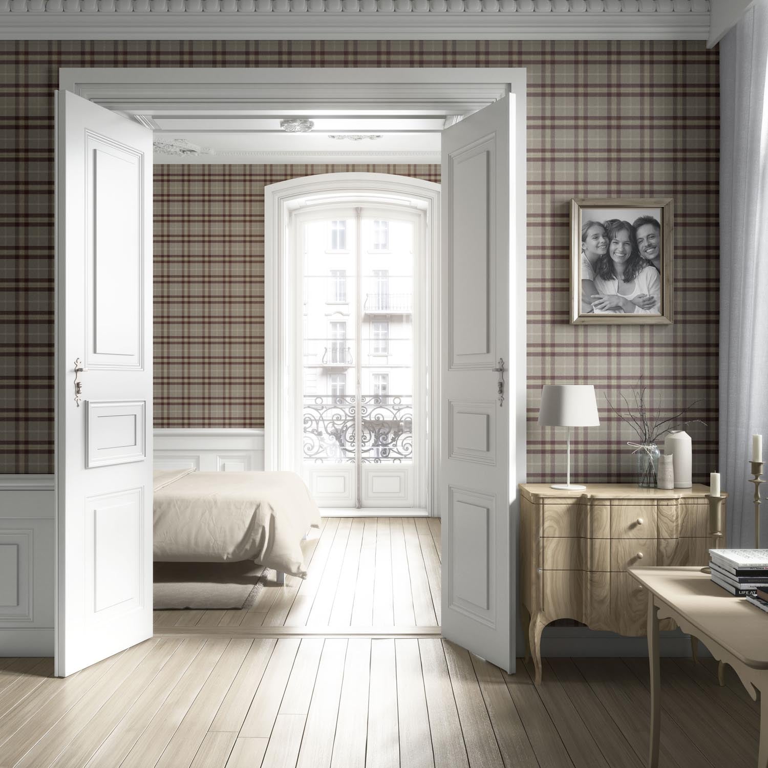 Geometric Plaid Checkered Living Room Wallpaper (Brown/ Maroon/ Beige)