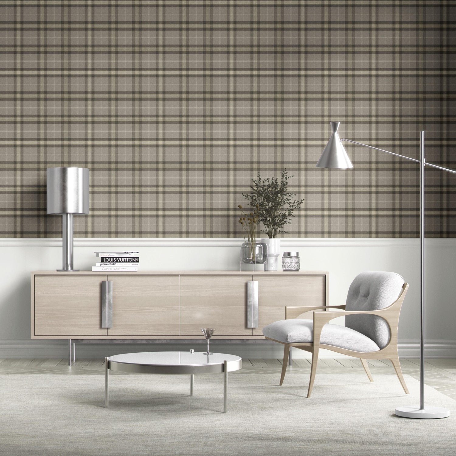 Geometric Plaid Checkered Kitchen Wallpaper (Gray/ Cedar Brown)