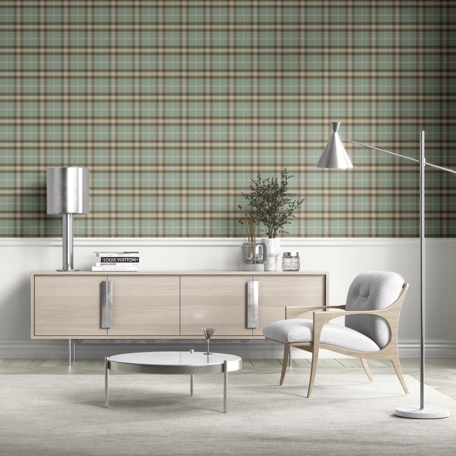 Geometric Plaid Checkered Kitchen Wallpaper (Green/ Brown/ Beige)