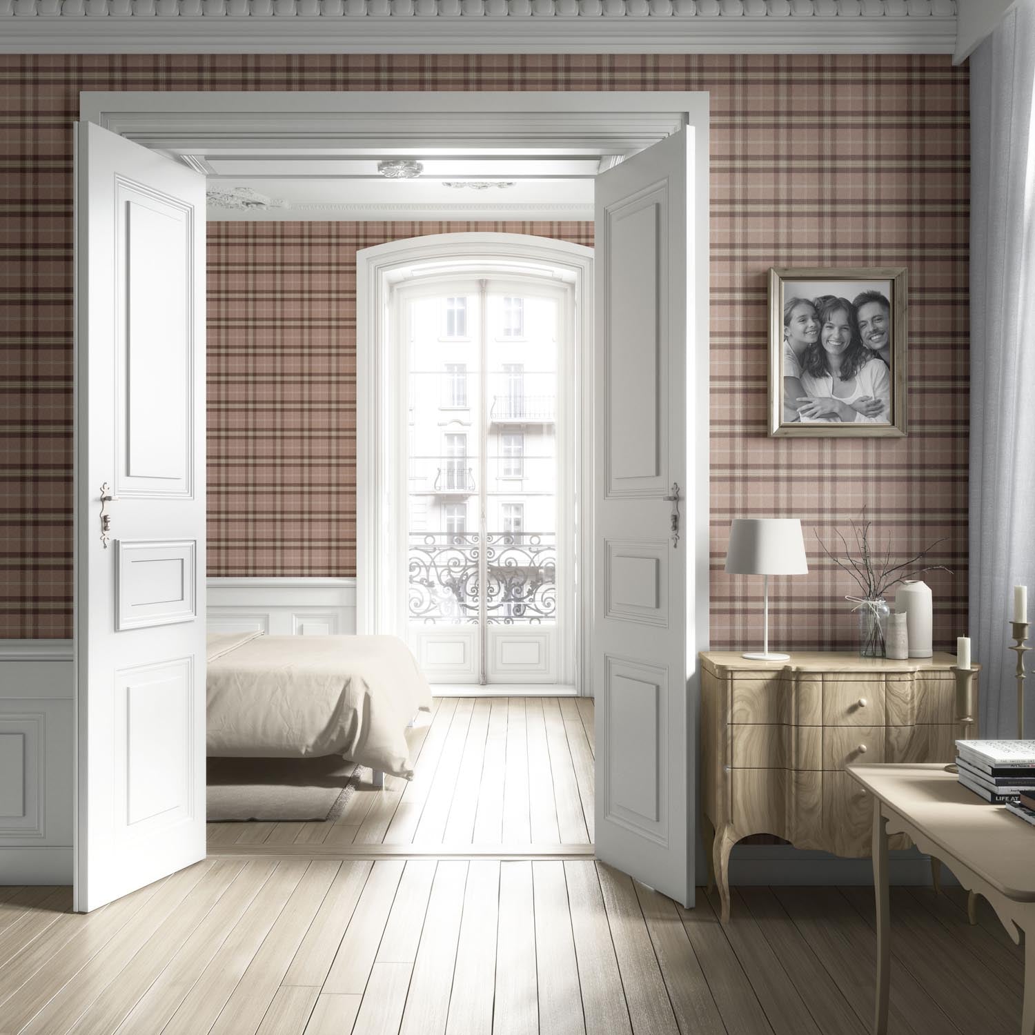 Geometric Plaid Checkered Living Room Wallpaper (Blush Rose Pink/ Brown/ Beige)