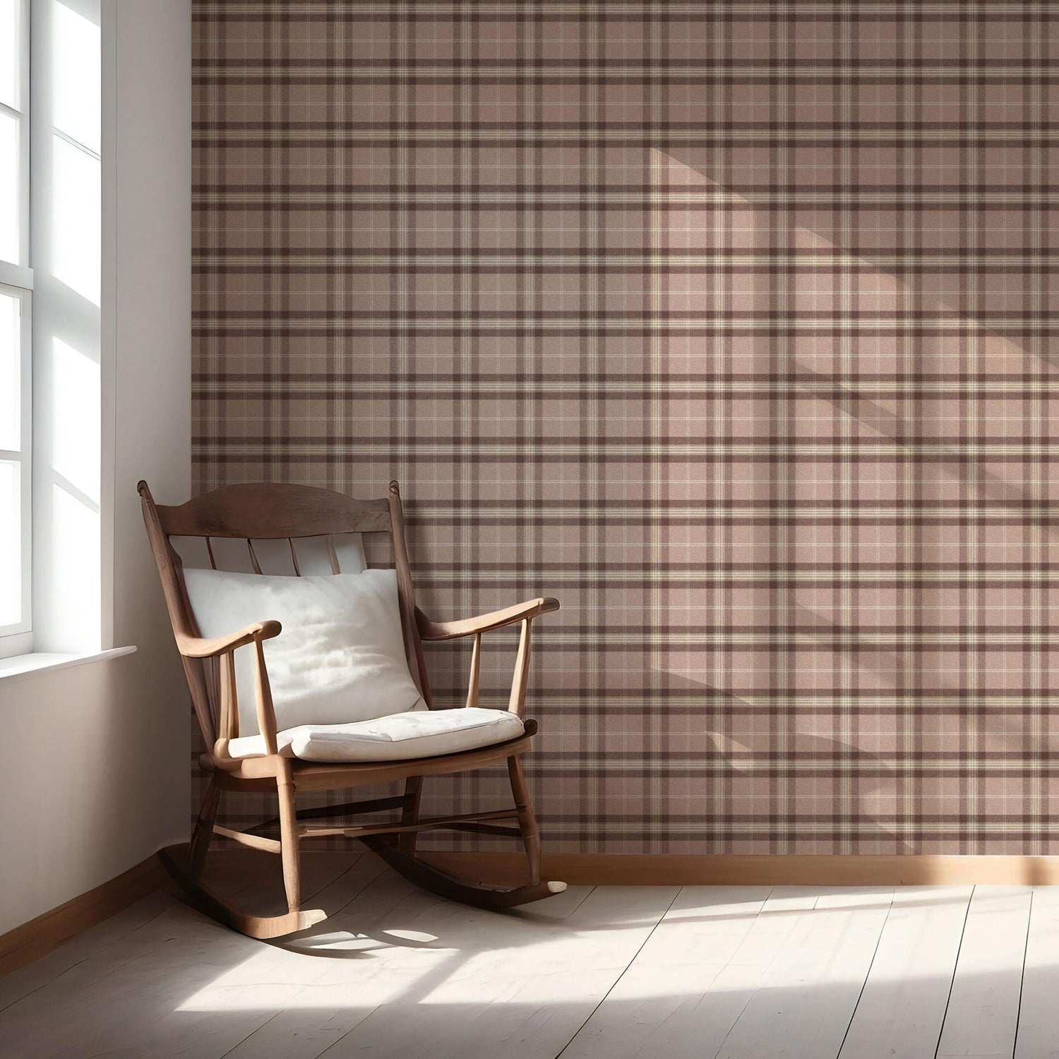 Geometric Plaid Checkered Nursery Wallpaper (Blush Rose Pink/ Brown/ Beige)