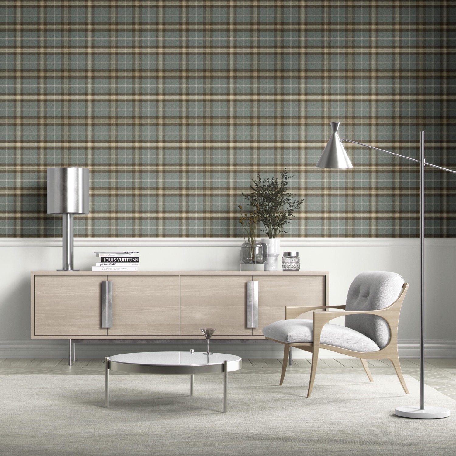 Geometric Plaid Checkered Kitchen Wallpaper (Blue-Gray/ Brown)