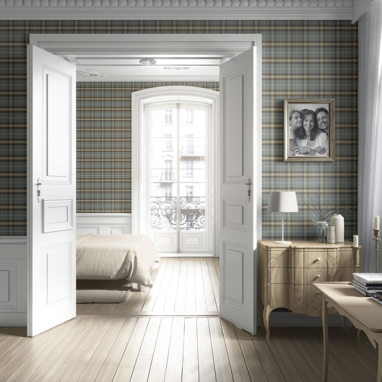 Geometric Plaid Checkered Living Room Wallpaper (Blue-Gray/ Brown)