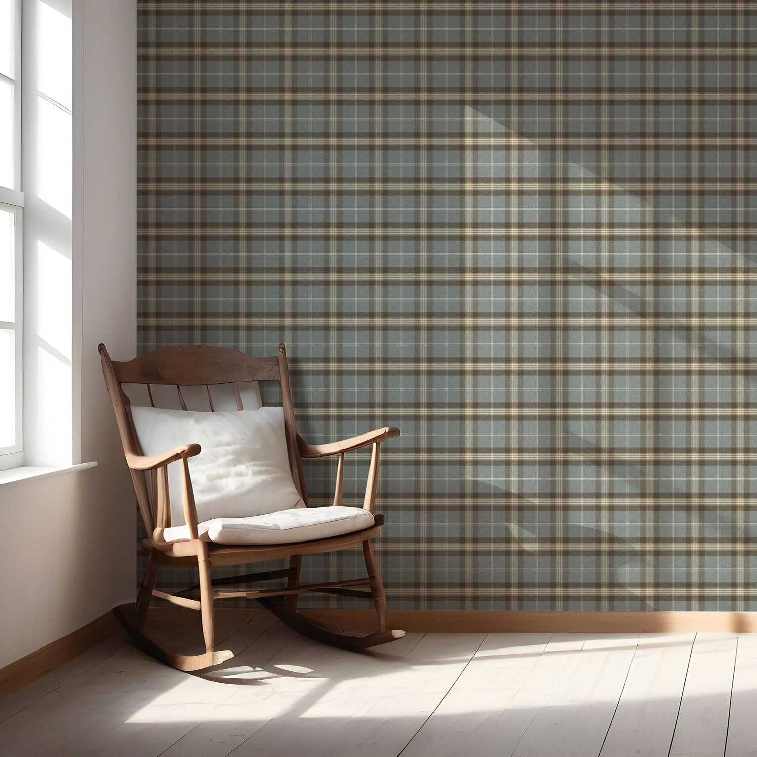 Geometric Plaid Checkered Nursery Wallpaper (Blue-Gray/ Brown)