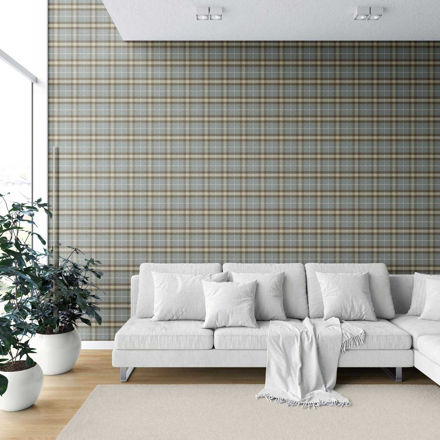 Geometric Plaid Checkered Shower Toilet Wallpaper (Blue-Gray/ Brown)