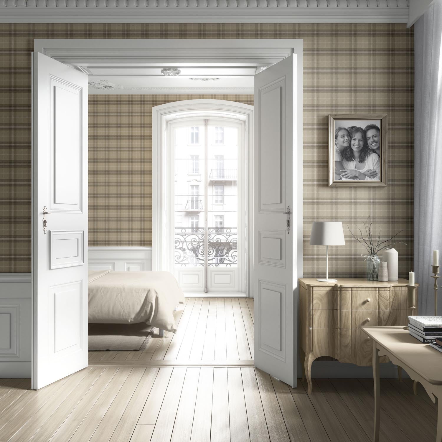 Neutral Geometric Plaid Checkered Living Room Wallpaper (Beige/ Brown/ Taupe)