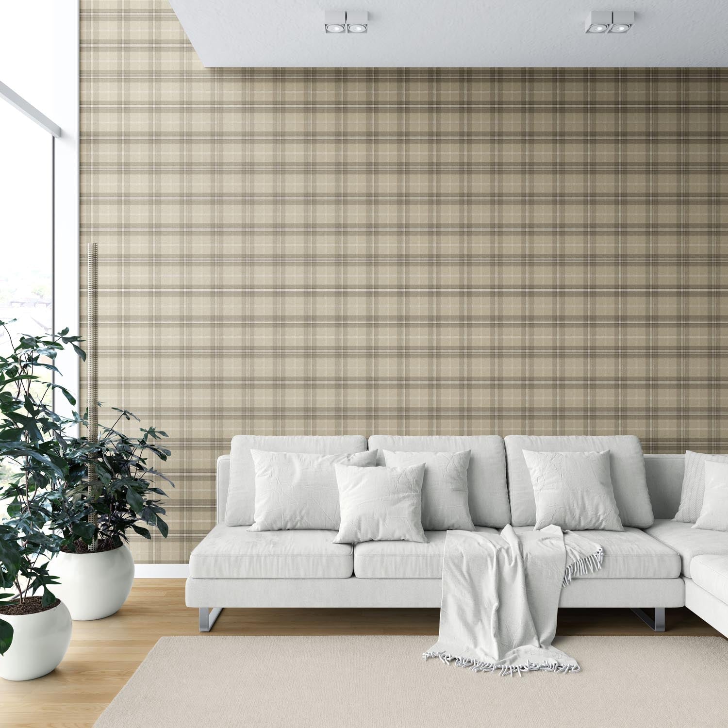Neutral Geometric Plaid Checkered Shower Toilet Wallpaper (Beige/ Brown/ Taupe)