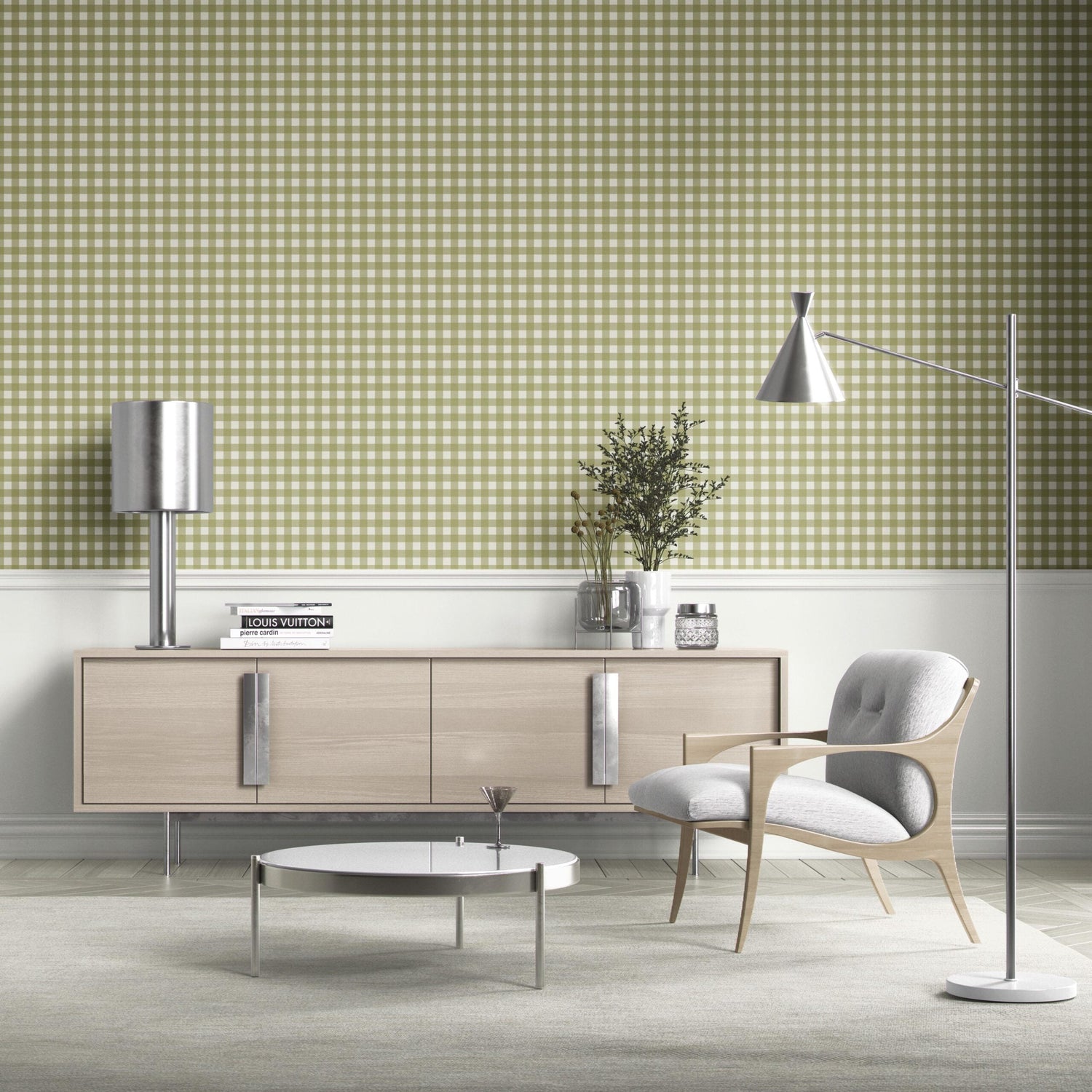 Geometric Gingham Checkered Bathroom Wallpaper (Green)