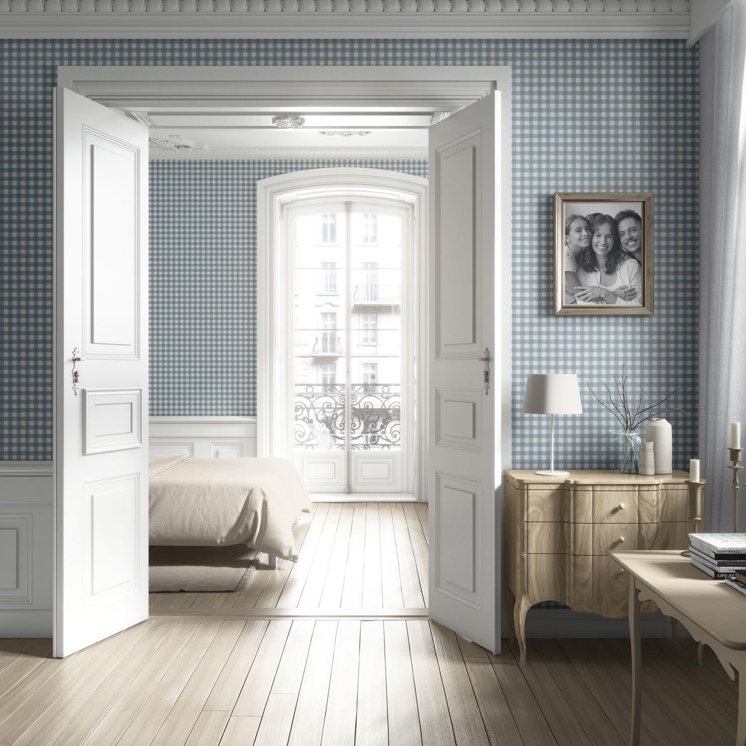 Geometric Gingham Checkered Kitchen Wallpaper (Blue)