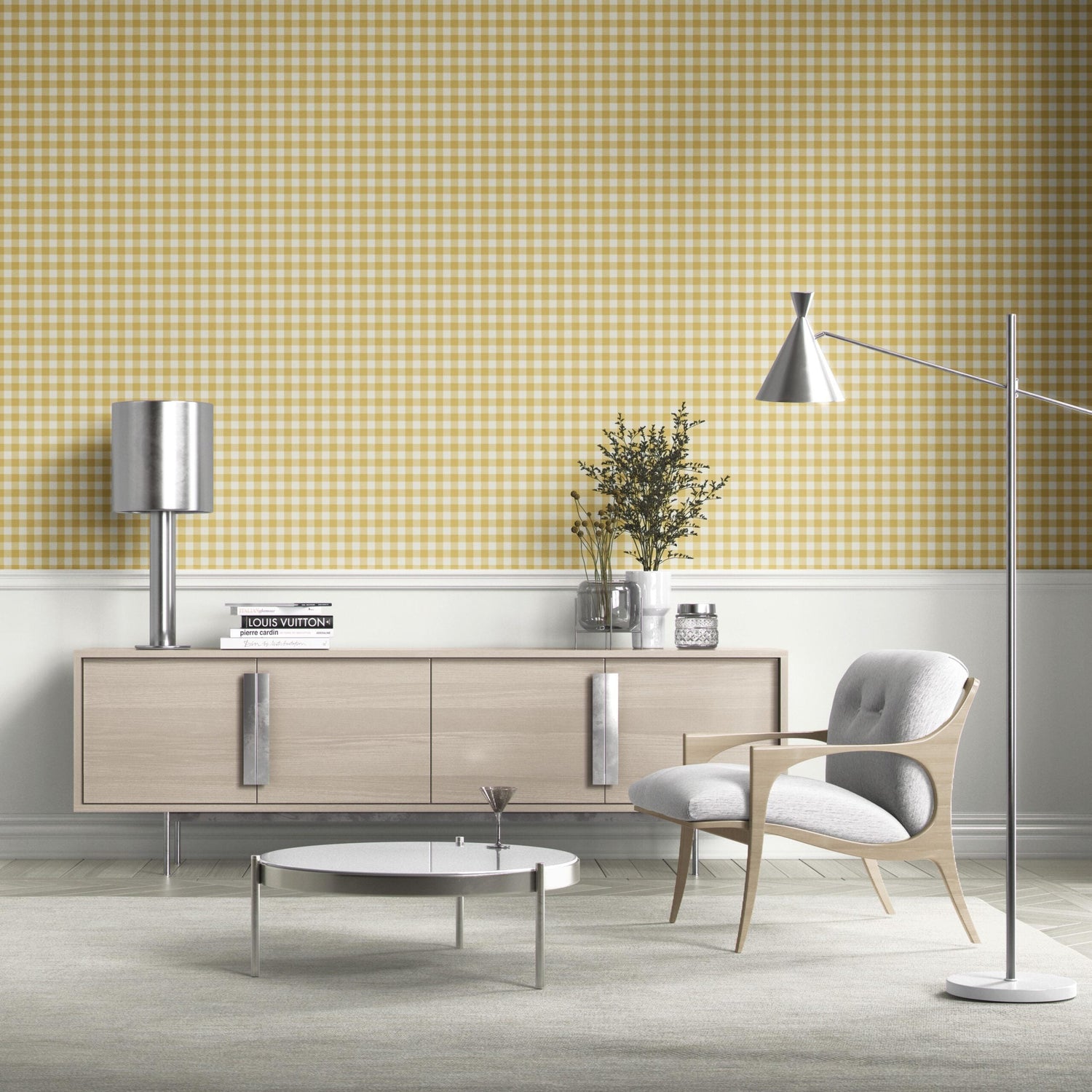 Geometric Gingham Checkered Bathroom Wallpaper (Yellow)