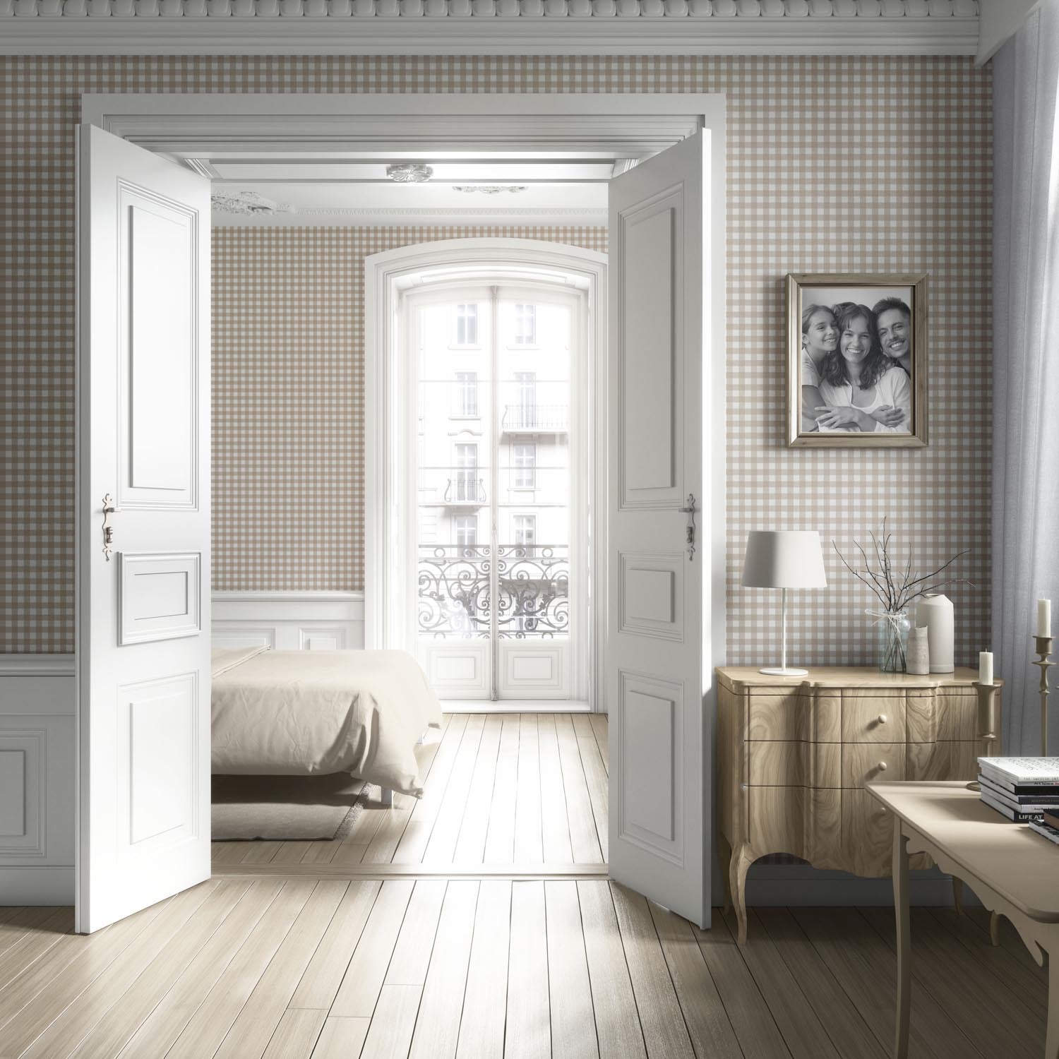 Neutral Geometric Gingham Checkered Kitchen Wallpaper (Oatmeal Beige/ Soft Taupe)