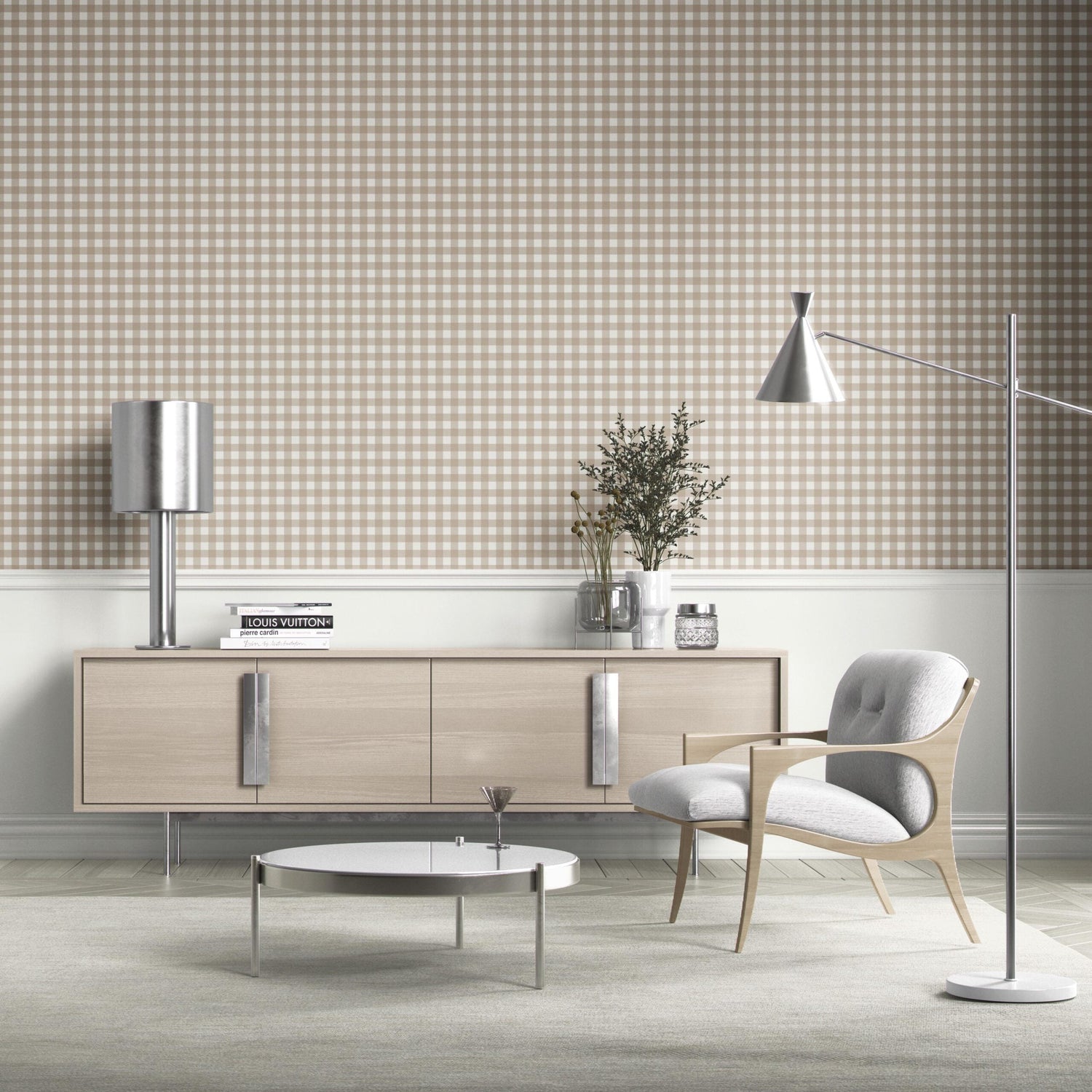 Neutral Geometric Gingham Checkered Bathroom Wallpaper (Oatmeal Beige/ Soft Taupe)