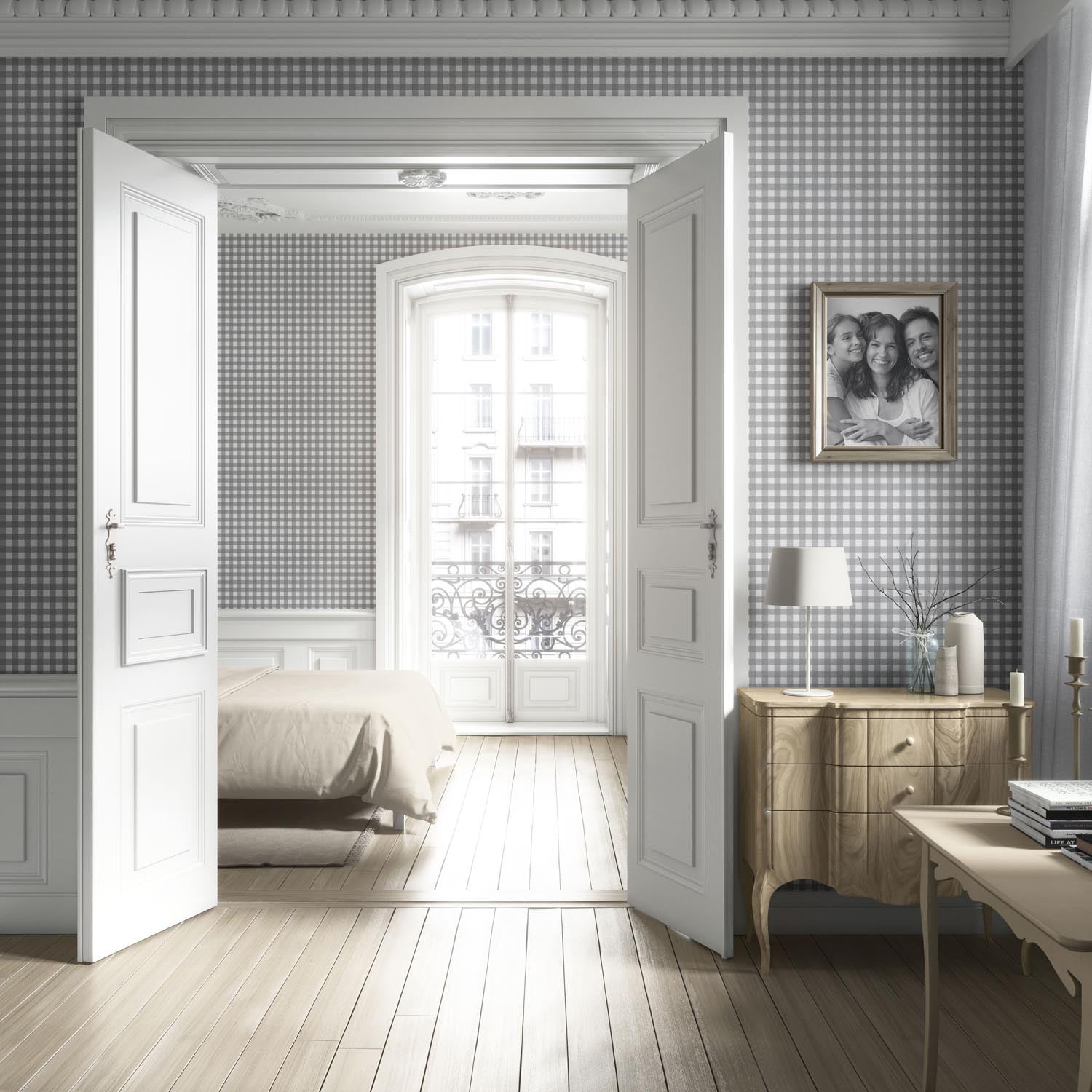 Neutral Geometric Gingham Checkered Kitchen Wallpaper (Gray)