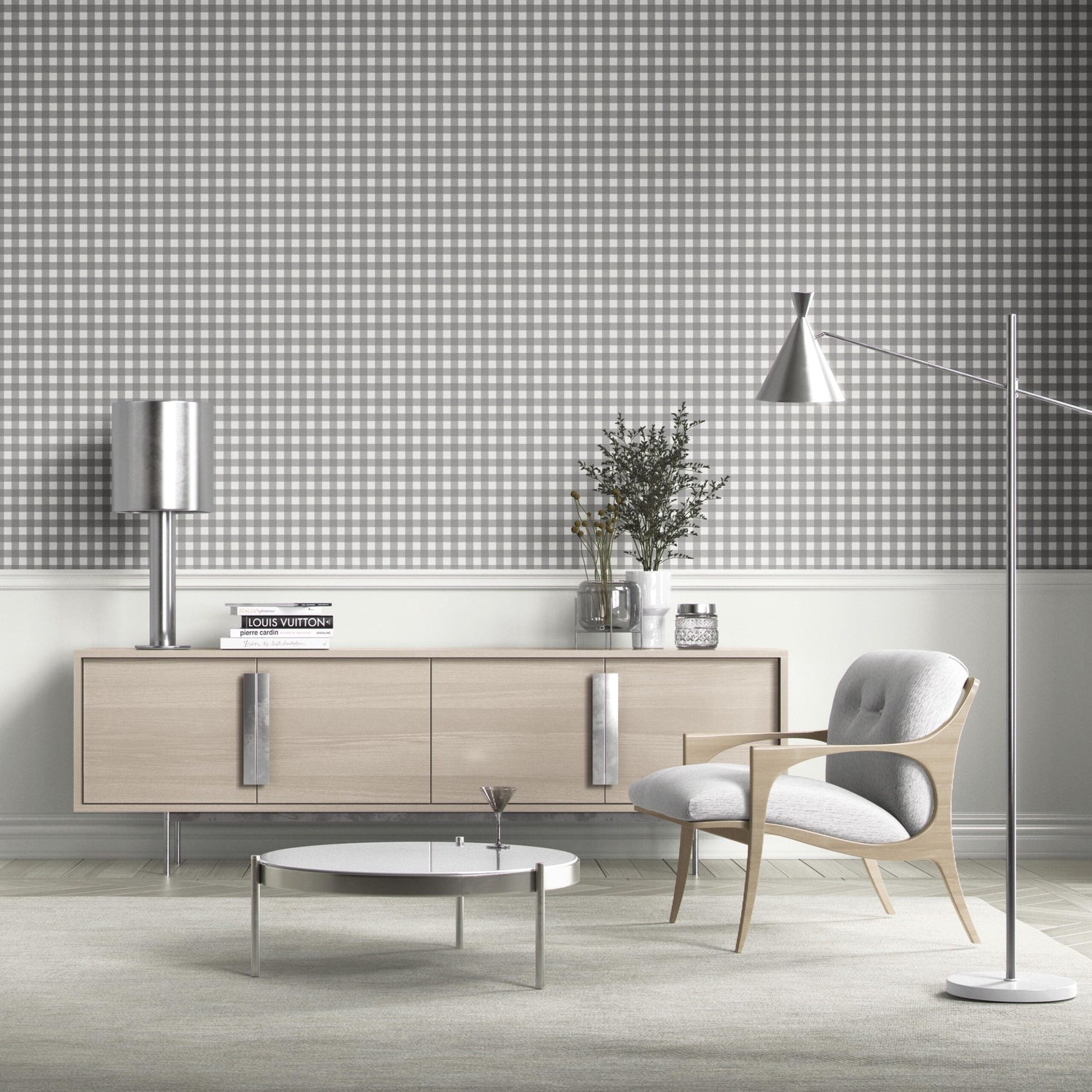 Neutral Geometric Gingham Checkered Bathroom Wallpaper (Gray)