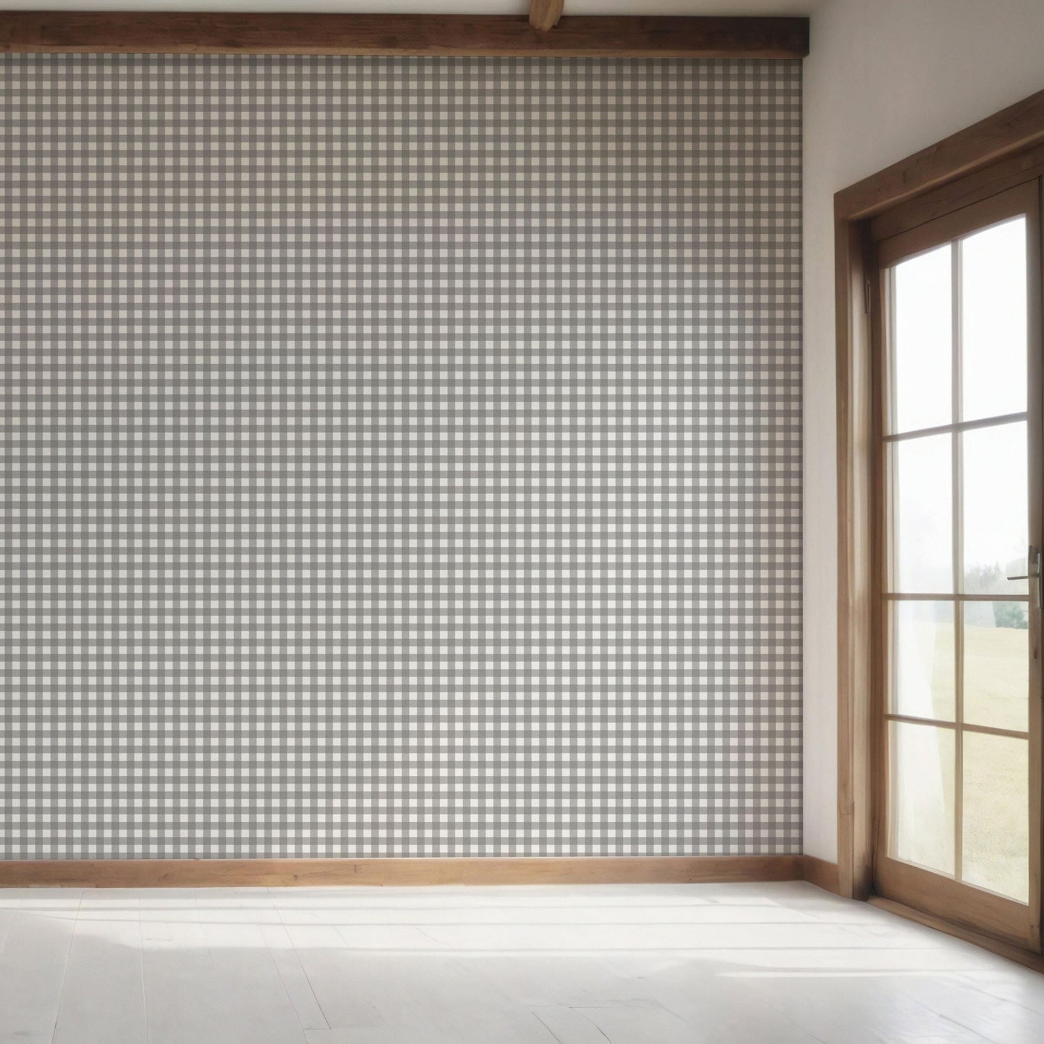 Neutral Geometric Gingham Checkered Bedroom Wallpaper (Gray)