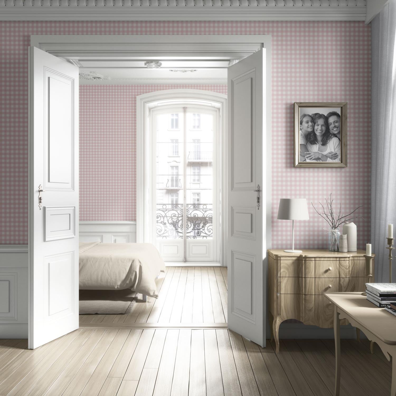 Geometric Gingham Checkered Kitchen Wallpaper (Pink)