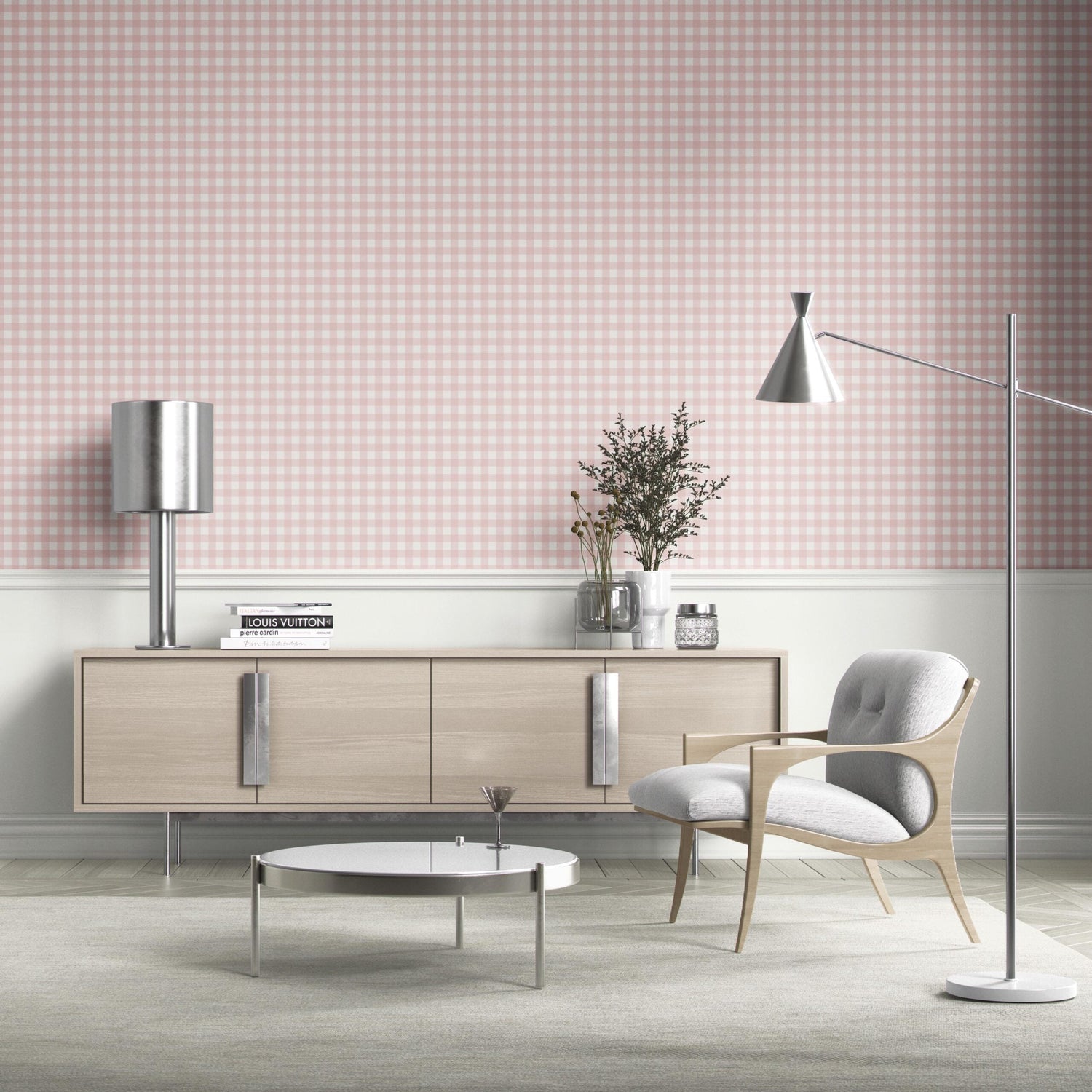 Geometric Gingham Checkered Bathroom Wallpaper (Pink)