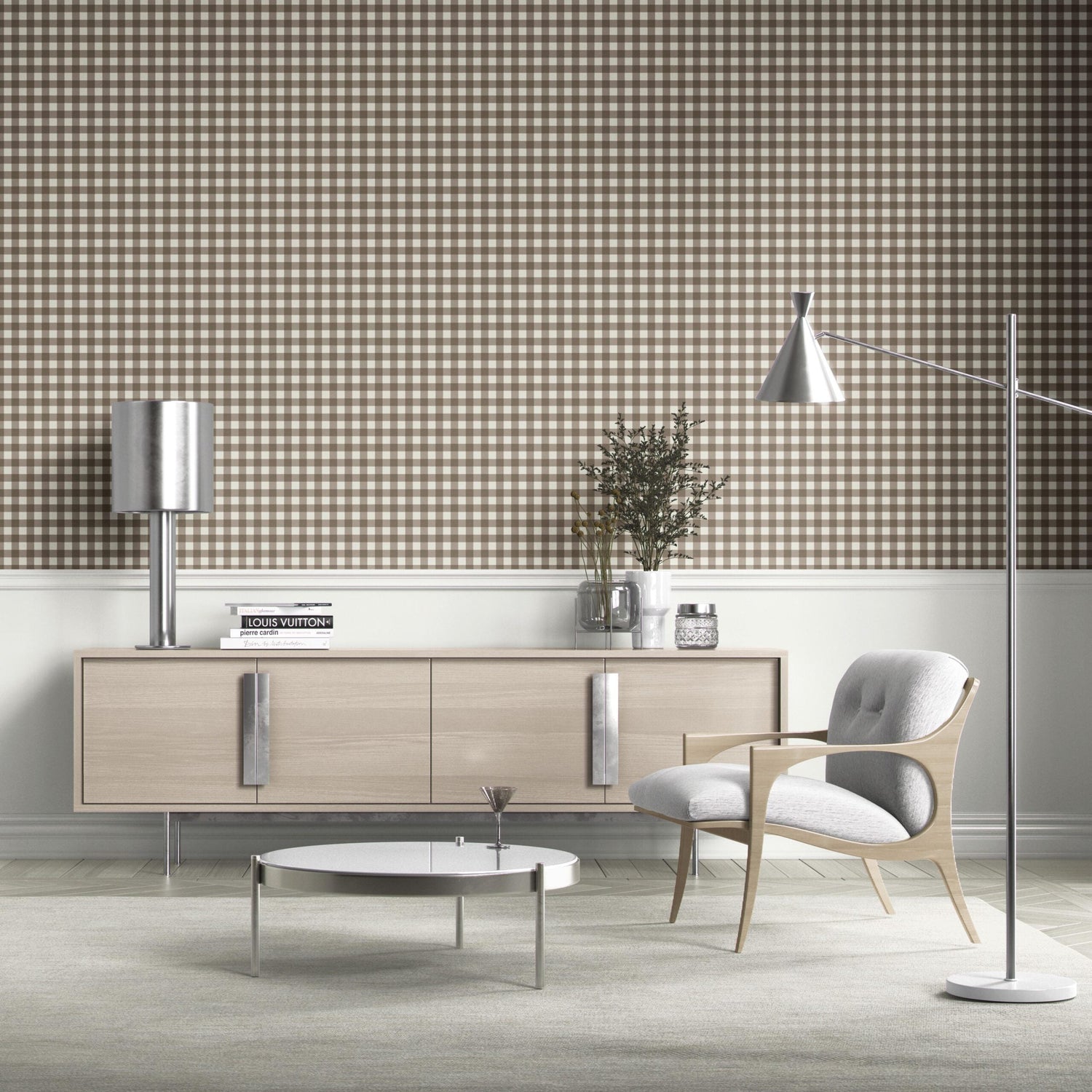 Neutral Geometric Gingham Checkered Bathroom Wallpaper (Brown/ Taupe)