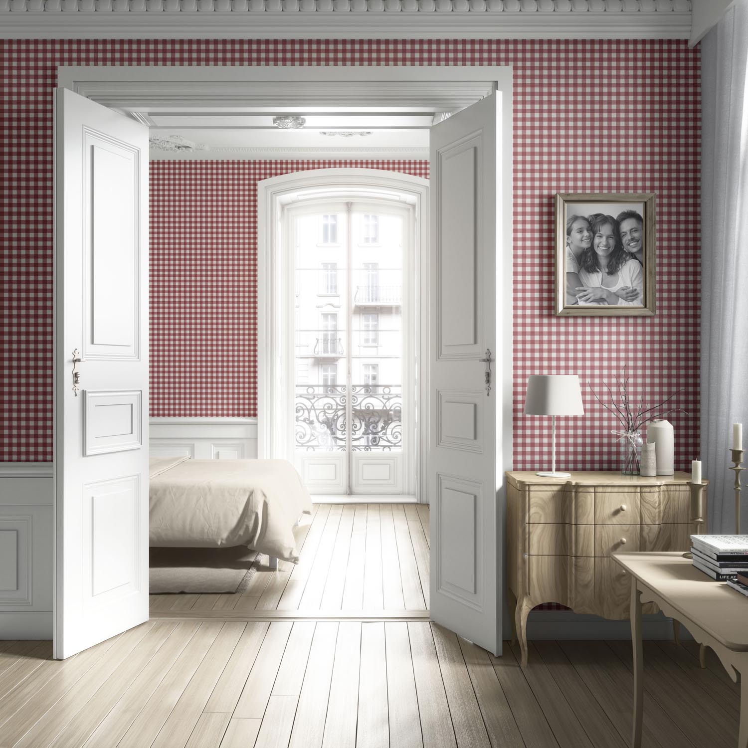 Geometric Gingham Checkered Kitchen Wallpaper (Cranberry Red)