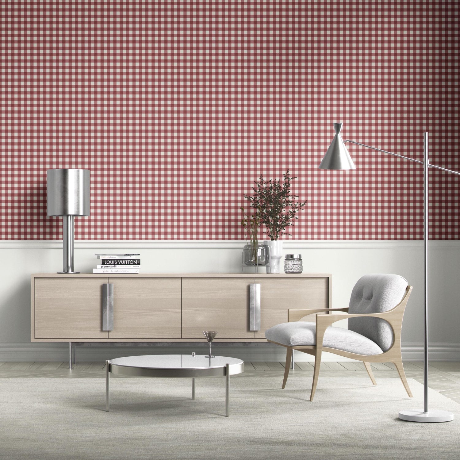 Geometric Gingham Checkered Bathroom Wallpaper (Cranberry Red)