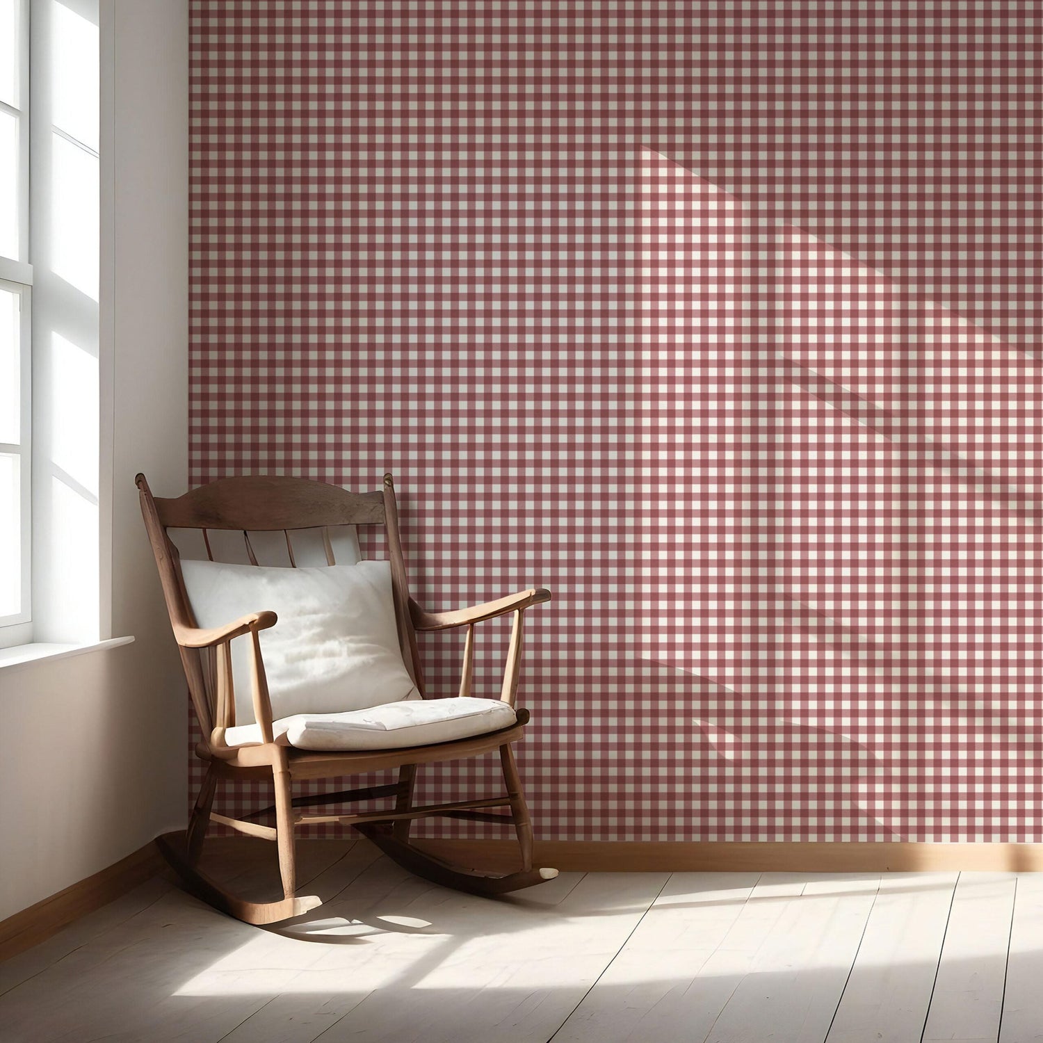 Geometric Gingham Checkered Nursery Wallpaper (Cranberry Red)
