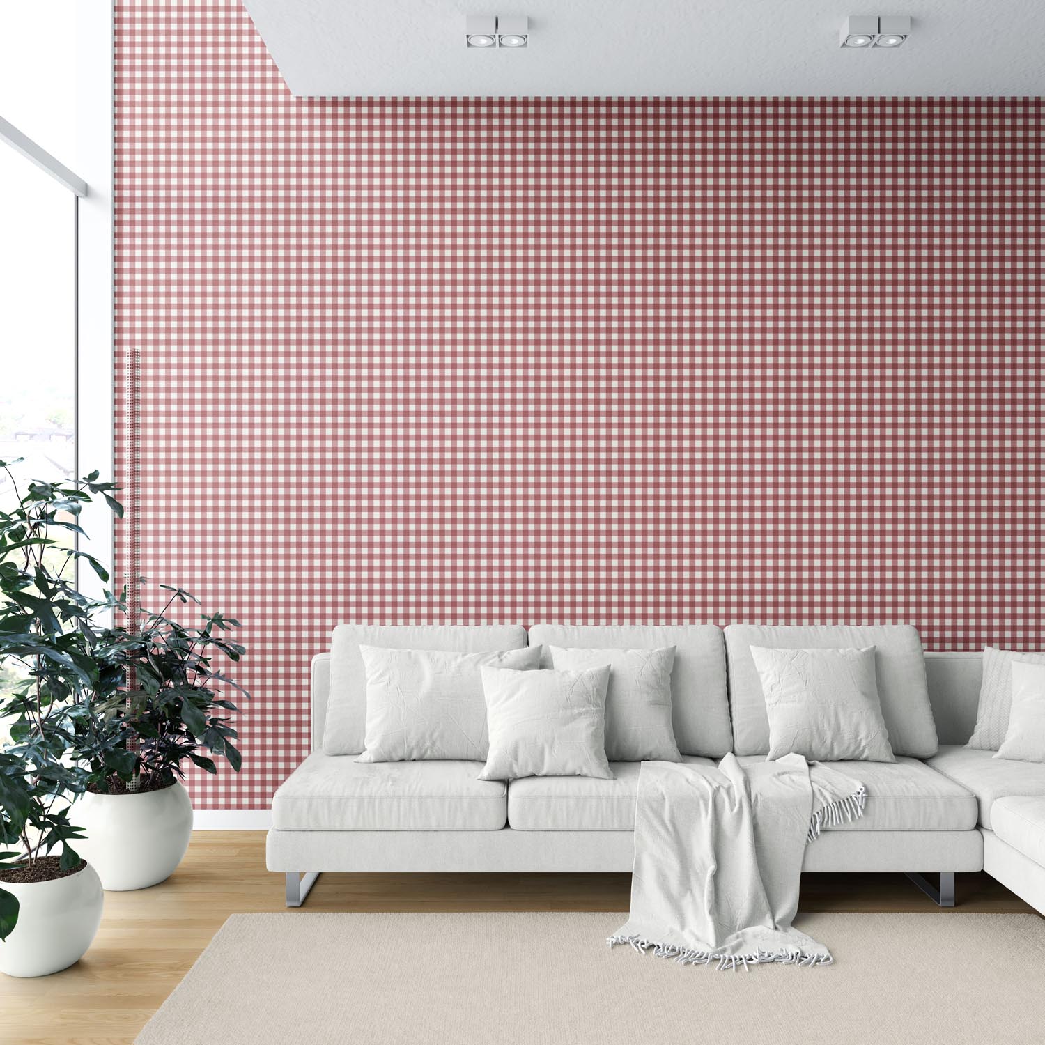 Geometric Gingham Checkered Shower Toilet Wallpaper (Cranberry Red)