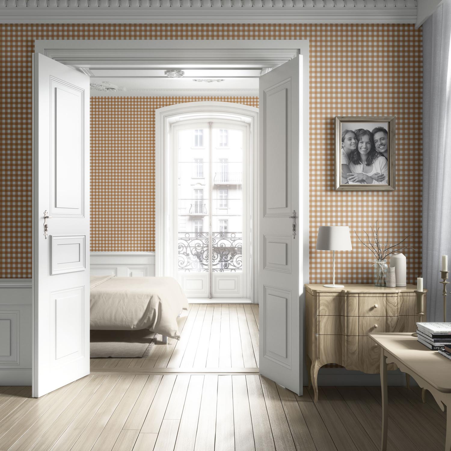 Geometric Gingham Checkered Kitchen Wallpaper (Bronze Orange)