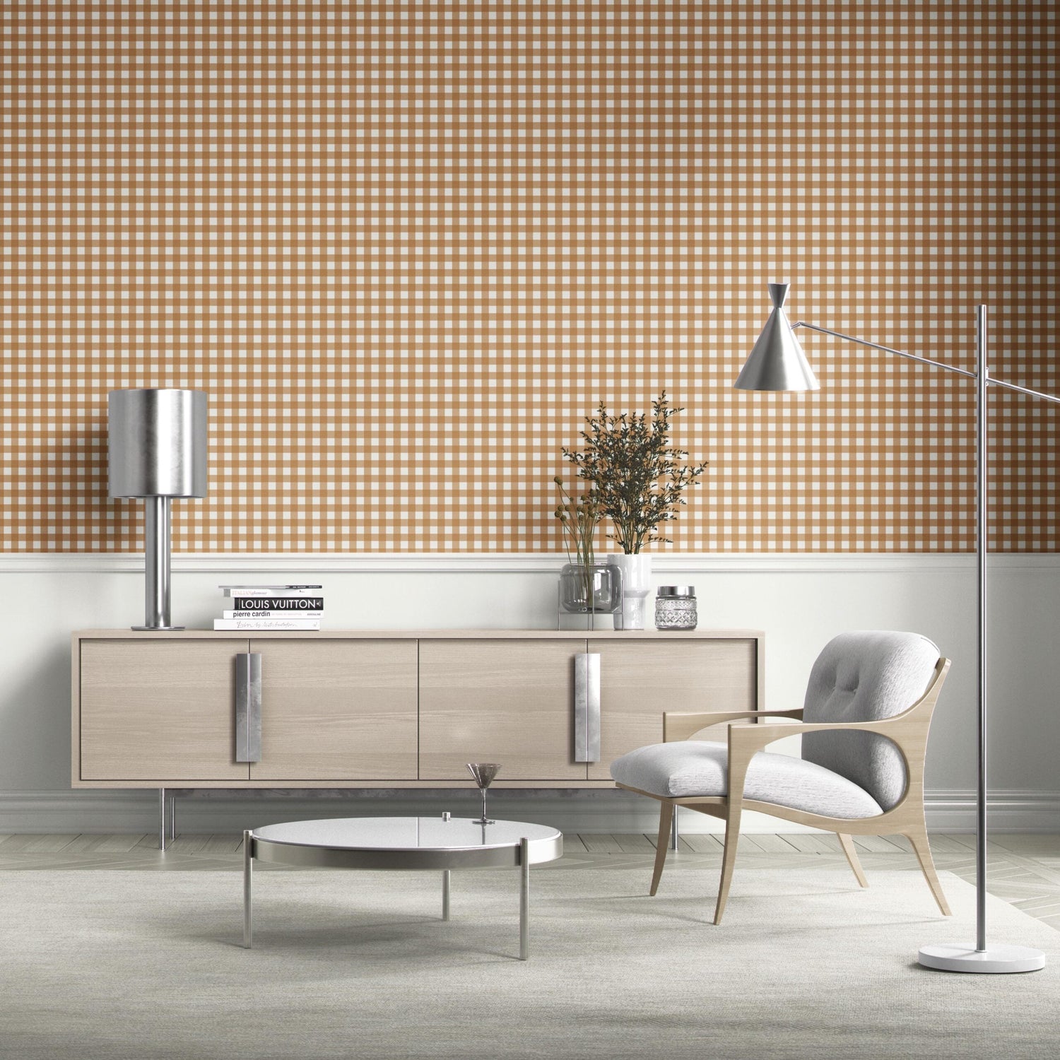 Geometric Gingham Checkered Bathroom Wallpaper (Bronze Orange)